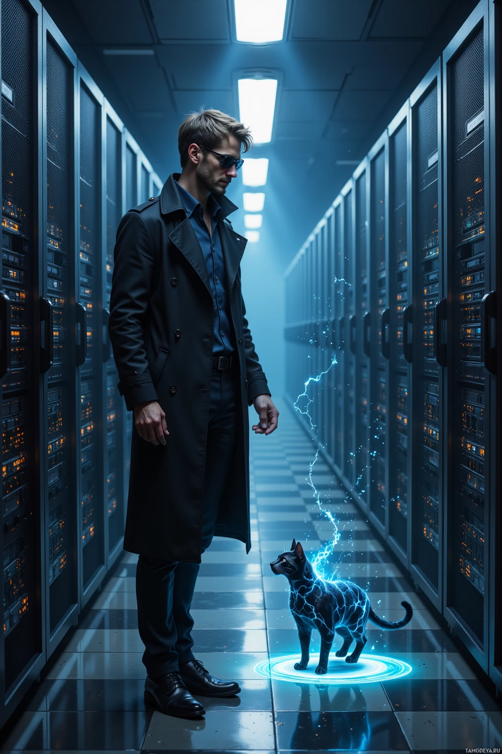 A man in a trench coat stands in a server room with a glowing cat.