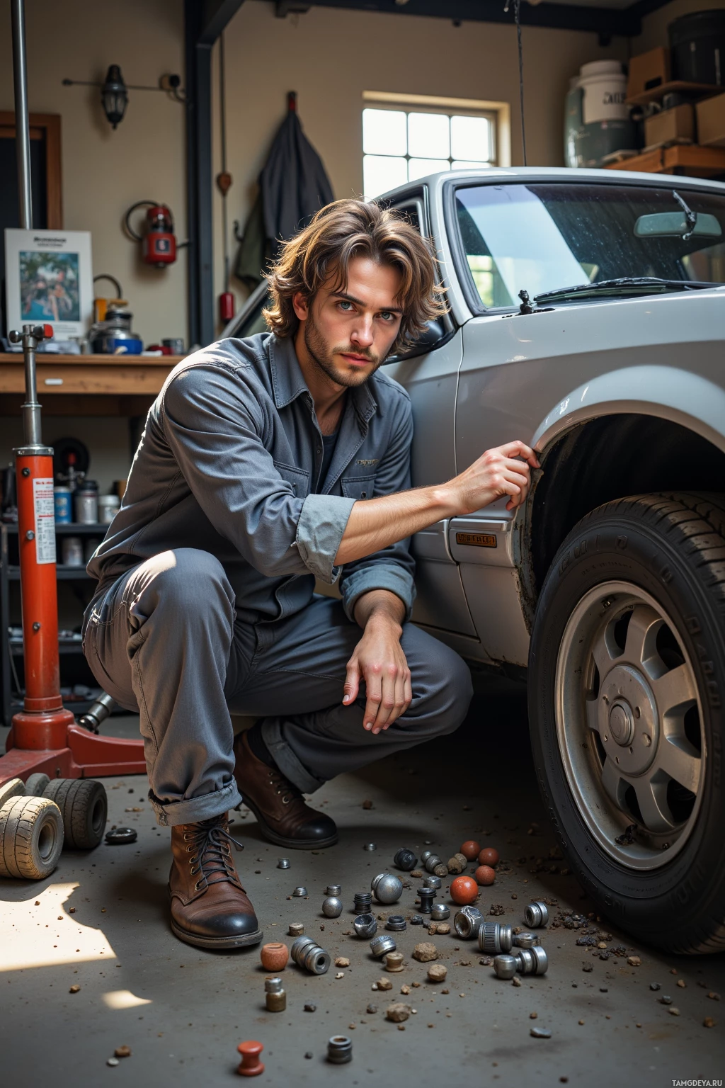 A man in a garage kneels beside a car, surrounded by scattered nuts and bolts.