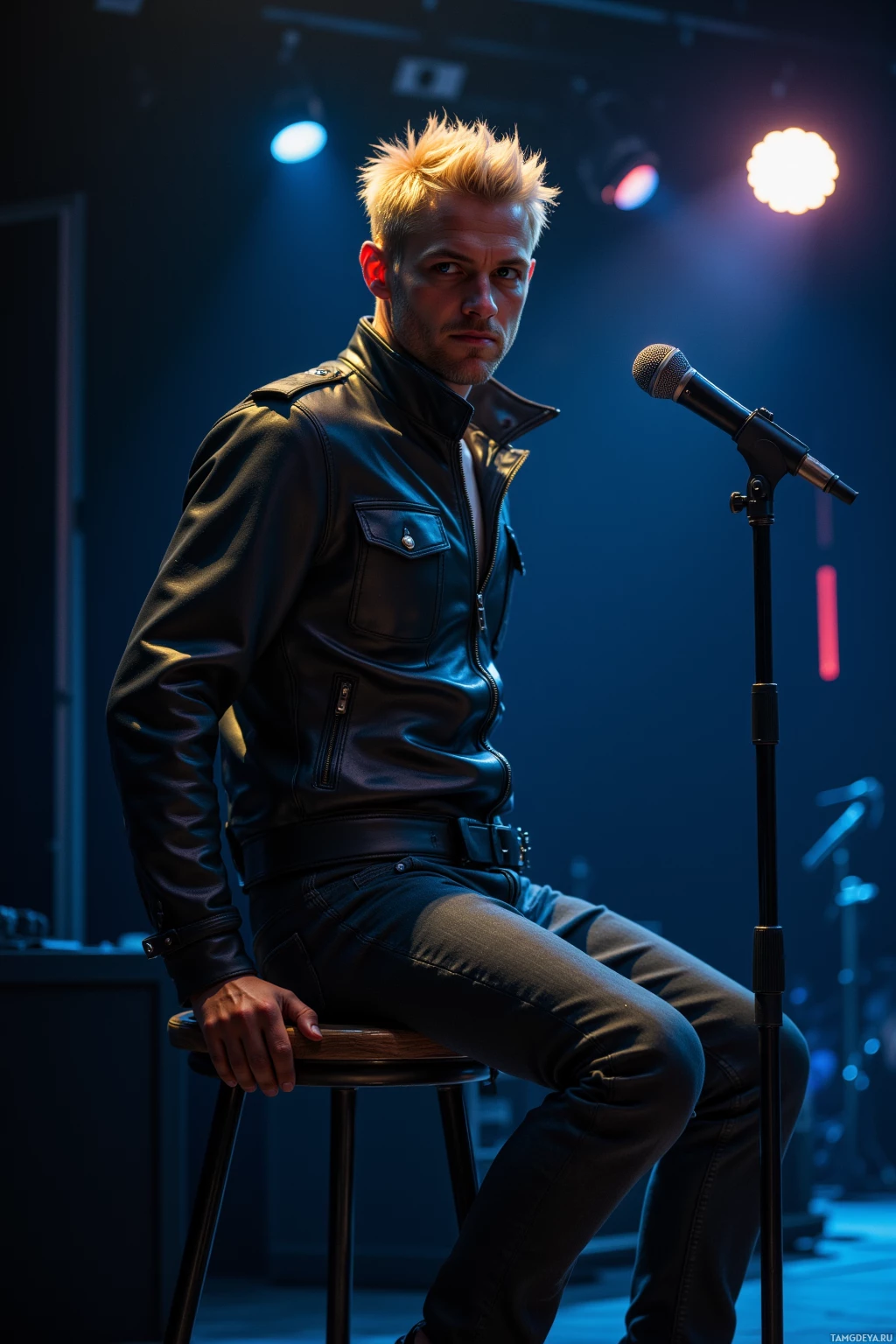 A person in a leather jacket sits on a stool in front of a microphone on stage.