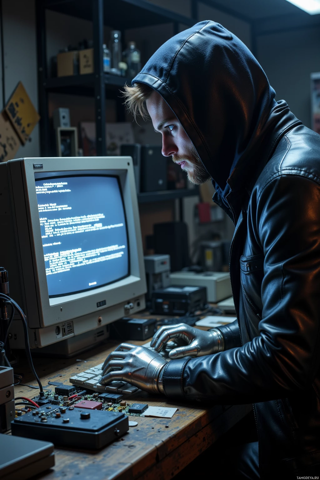 A person in a hooded jacket and metallic gloves works on an old computer in a cluttered workspace.