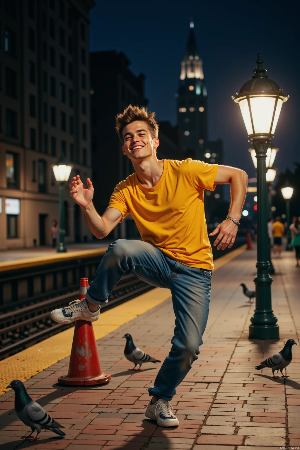 A young man in a yellow shirt and jeans dances on a train platform at night.