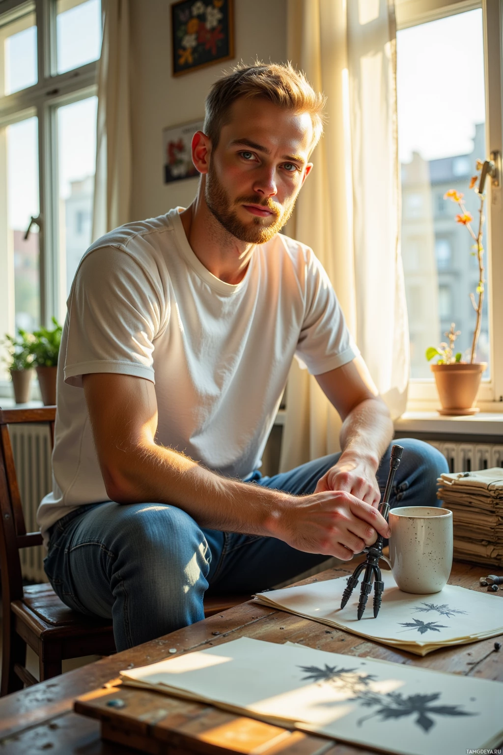 A man sits at a table with a small tripod and a cup, in a room with sunlight streaming through a window.