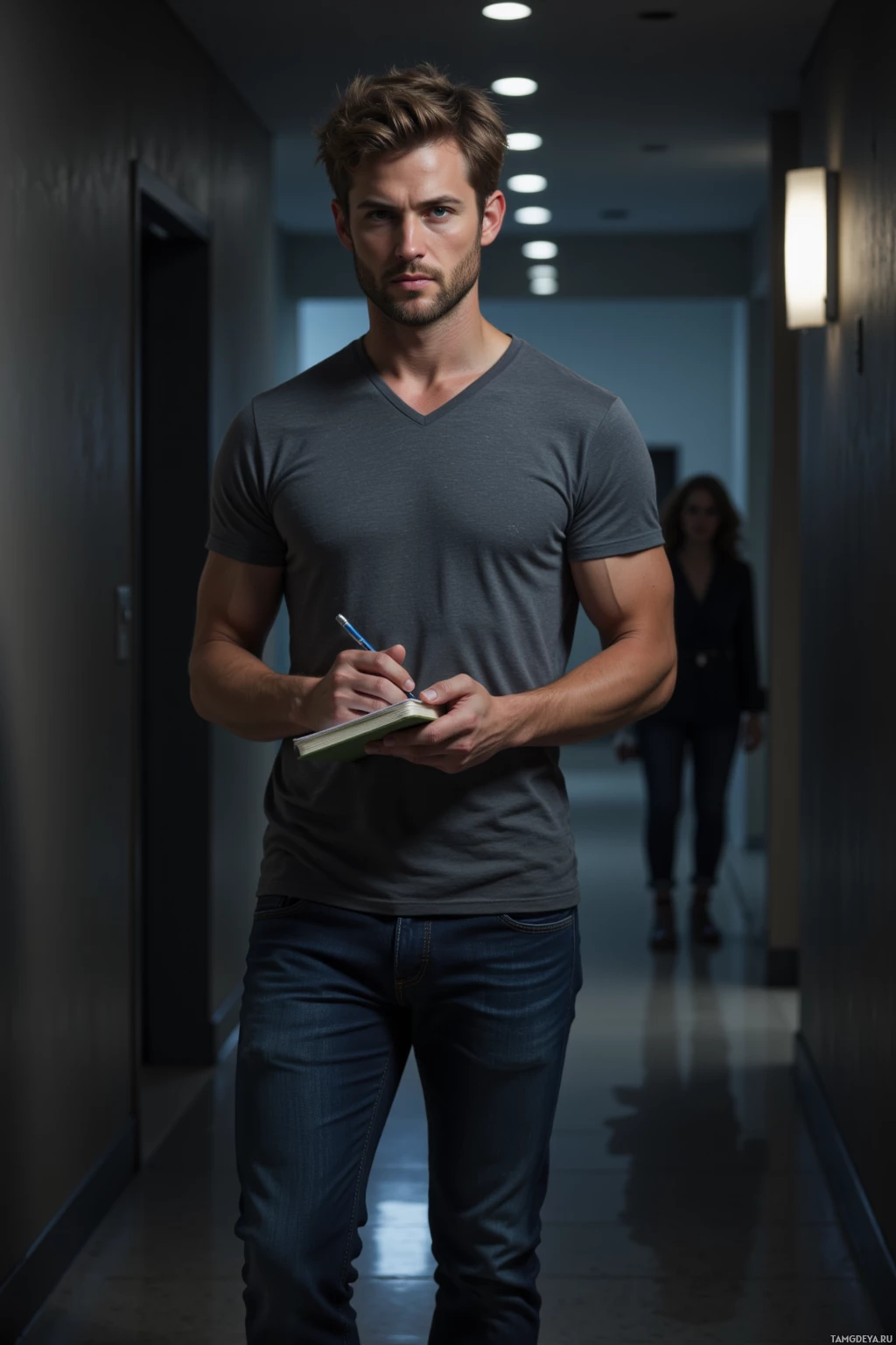 A man in a gray t-shirt and jeans stands in a hallway, holding a pen and notebook, with a woman in the background.