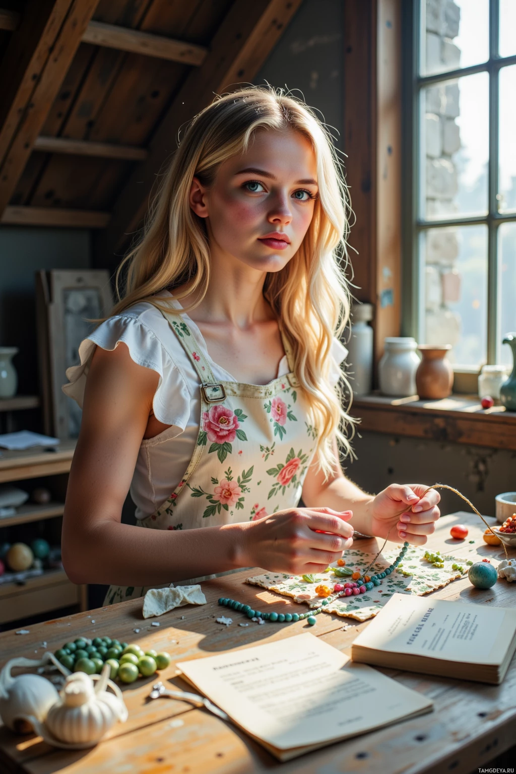 A woman in a floral apron is working at a wooden table with books, beads, and other crafting materials.