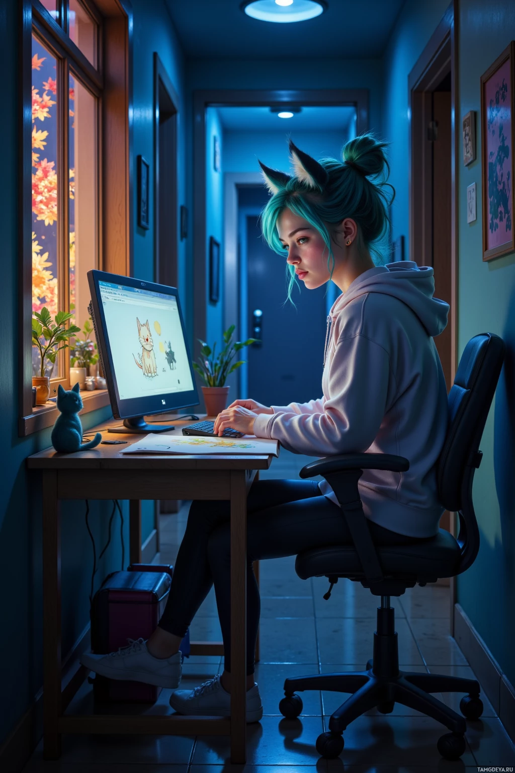 A person with green hair and cat ears works on a computer in a dimly lit hallway.