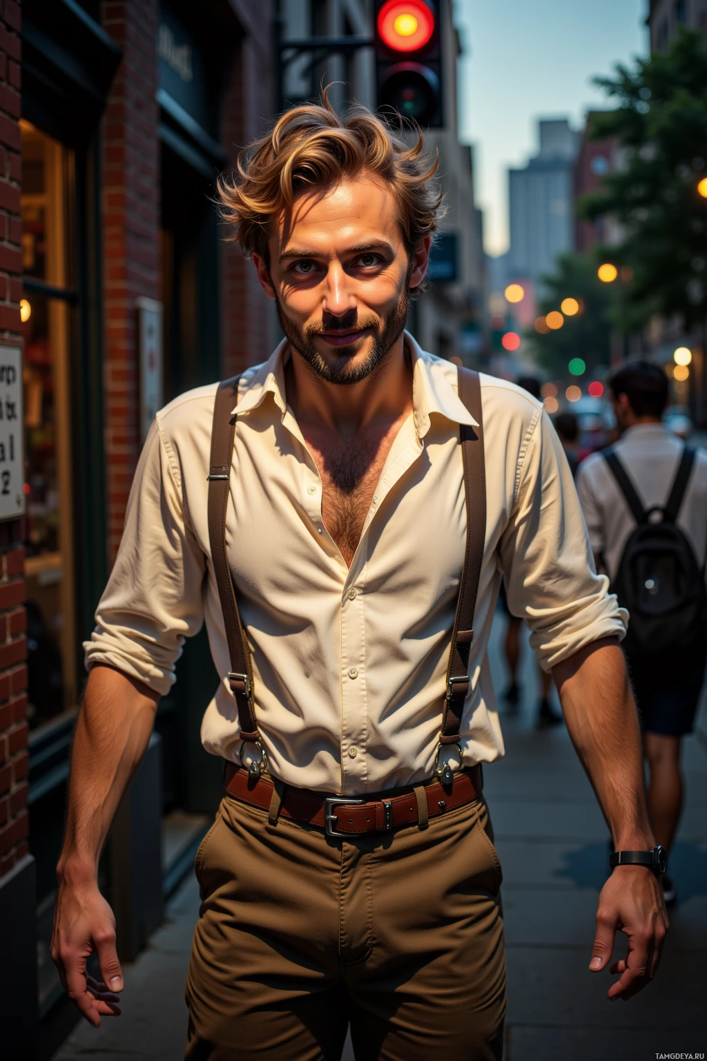A man in a beige shirt and brown pants walks down a city street.