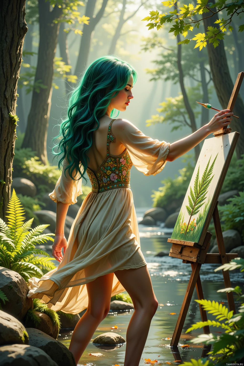 A woman with teal hair paints a fern in a serene forest setting.