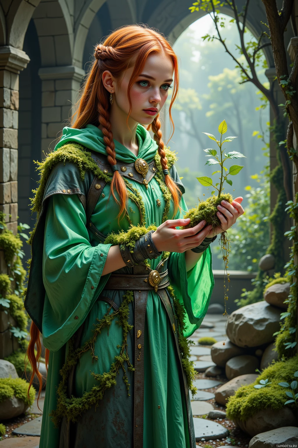 A woman in a green robe holds a small plant in a forested courtyard.
