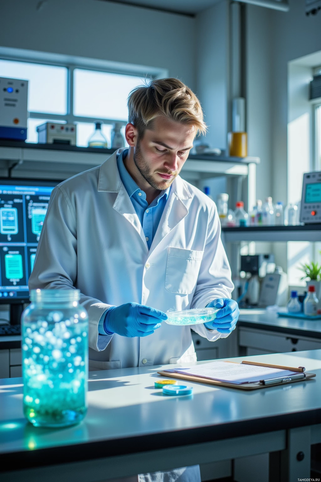 A scientist in a lab coat and gloves examines a sample in a petri dish.