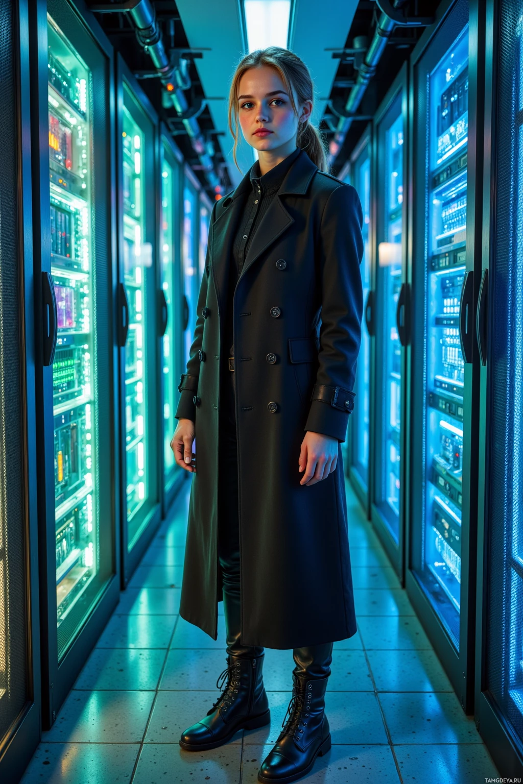 A person stands in a server room corridor, wearing a long black coat and black boots.