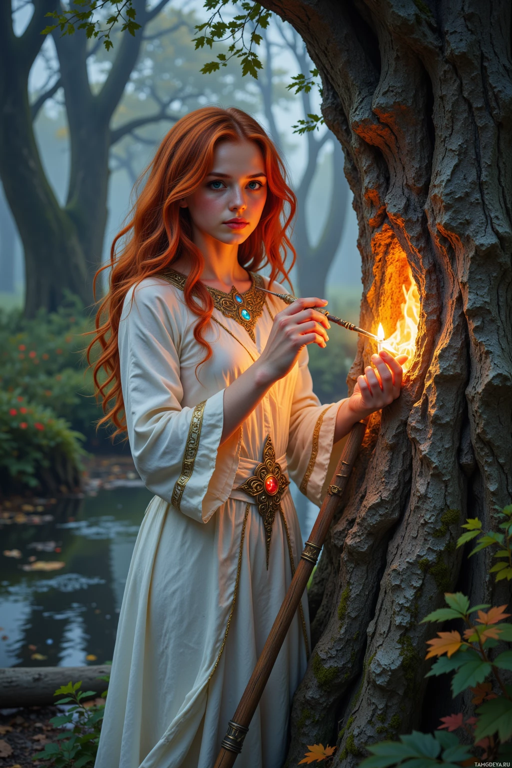 A woman in a white dress stands by a tree, holding a lit candle.