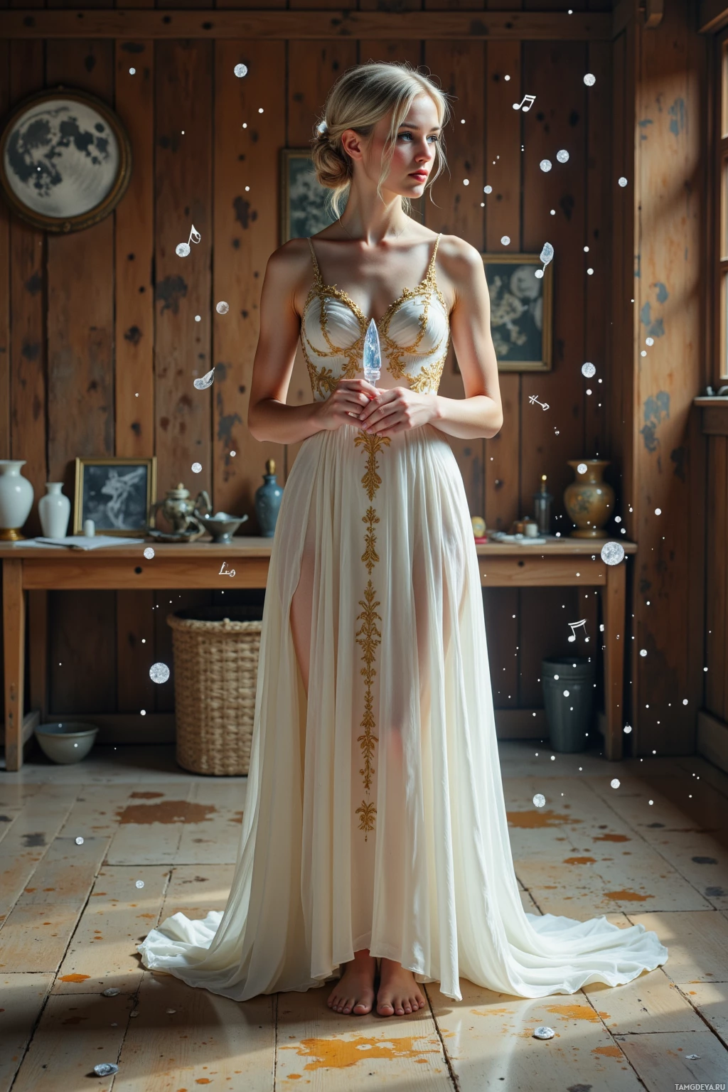A woman in an elegant, flowing gown stands in a rustic room with musical notes floating around her.