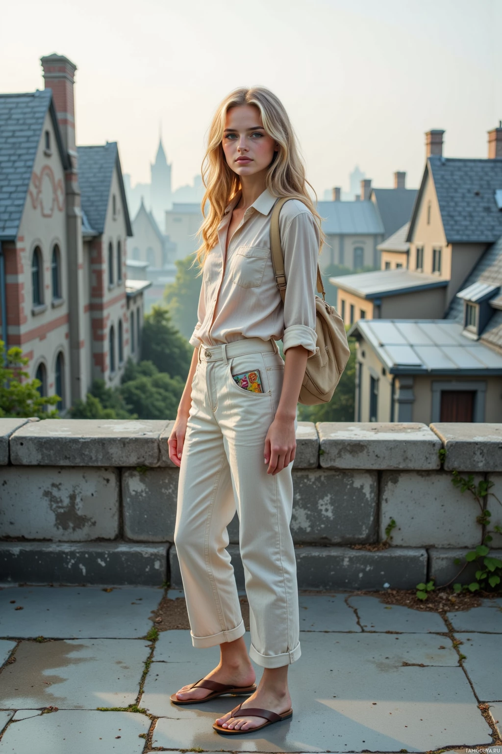 A woman stands on a stone walkway, wearing a beige shirt and pants, with a beige bag, against a backdrop of buildings and a clear sky.
