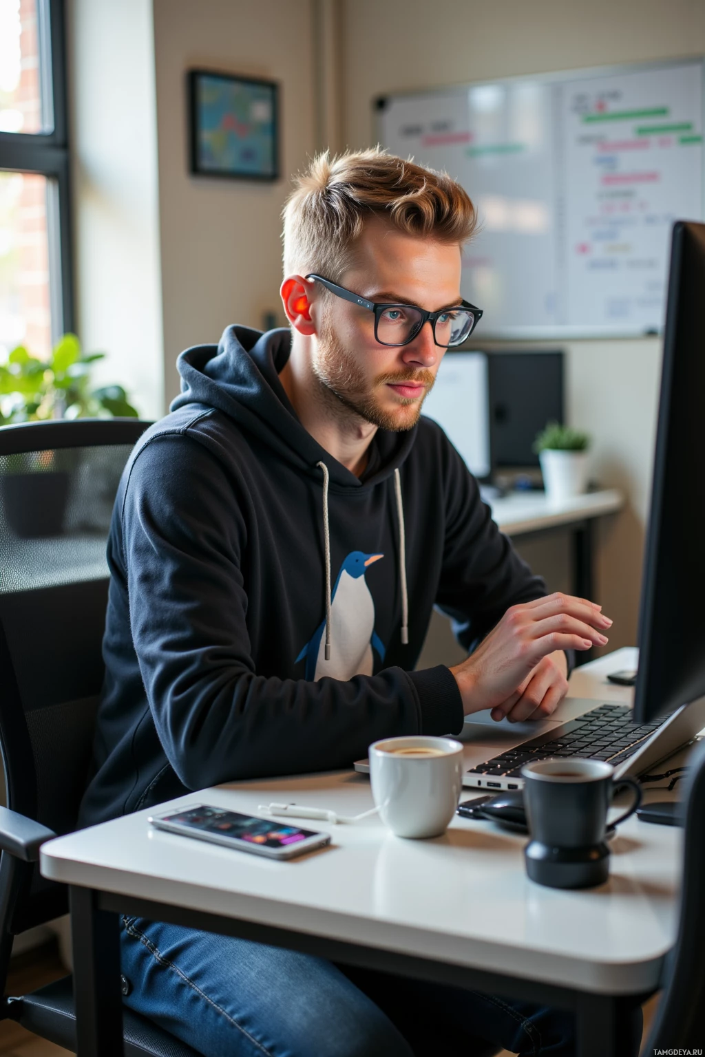 A person wearing glasses and a hoodie works at a desk with a computer and a coffee mug.