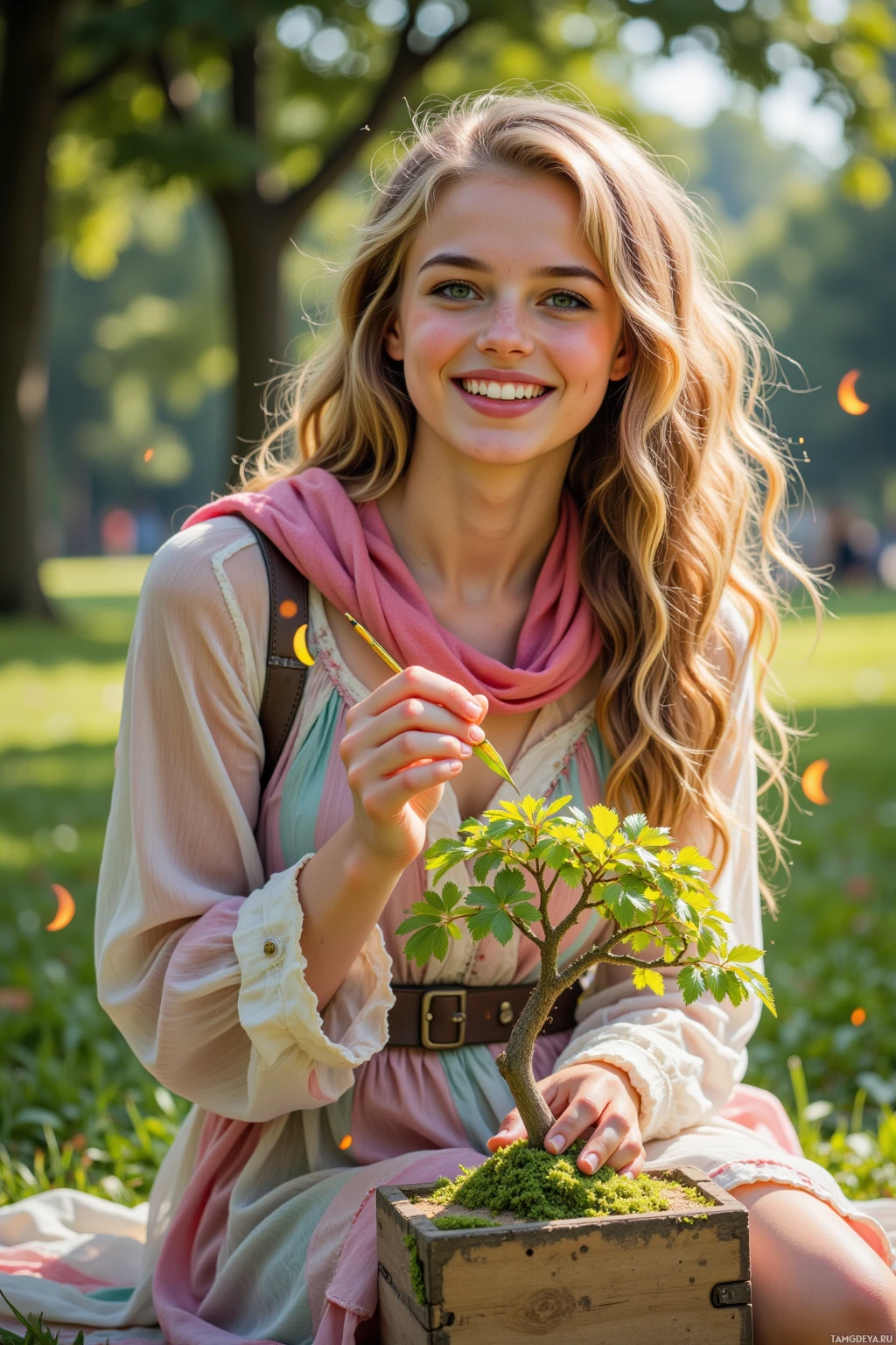 A young woman sits outdoors, holding a small bonsai tree in a wooden box.