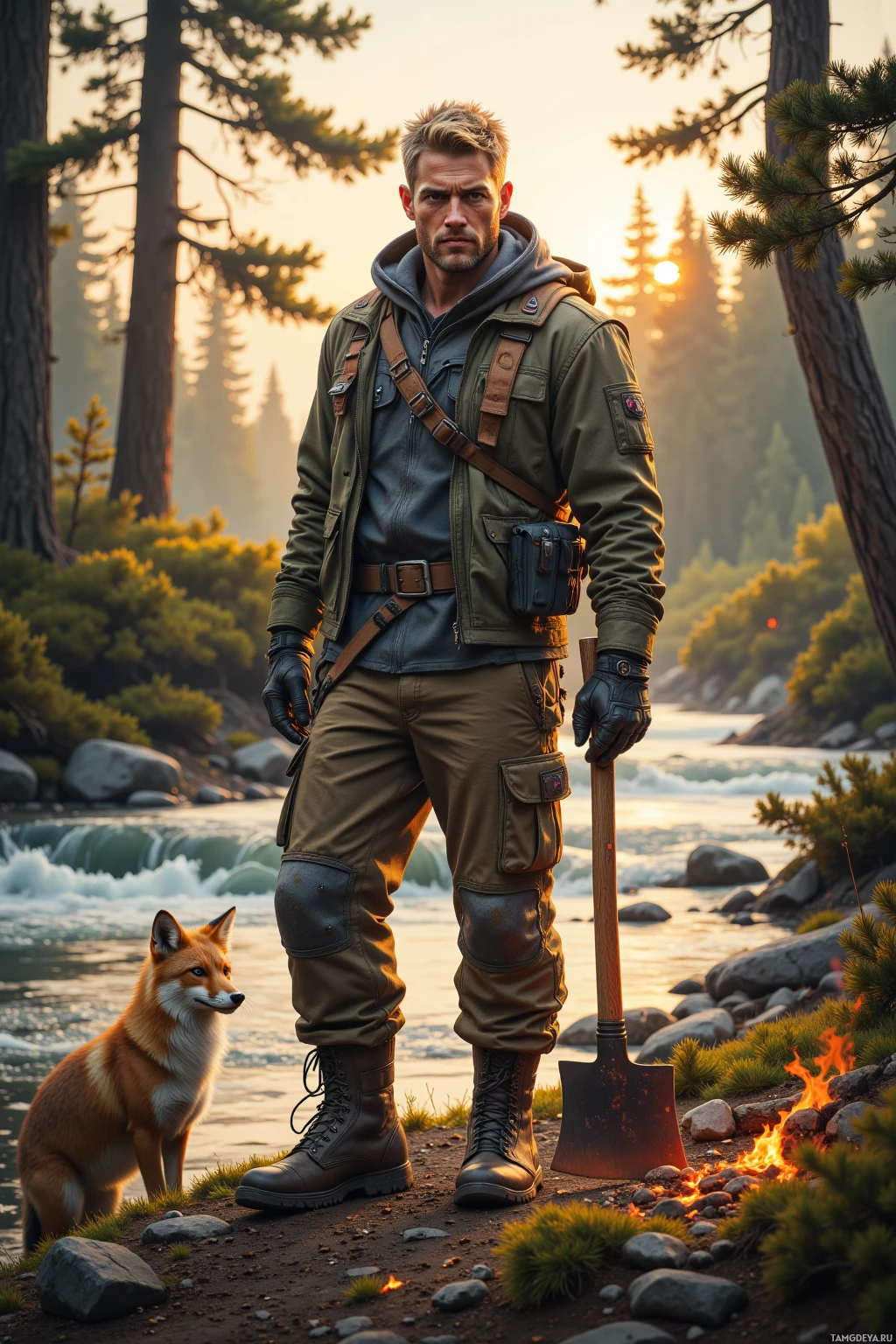 A man in outdoor gear stands by a riverbank with a fox and a campfire, surrounded by a serene forest at sunset.