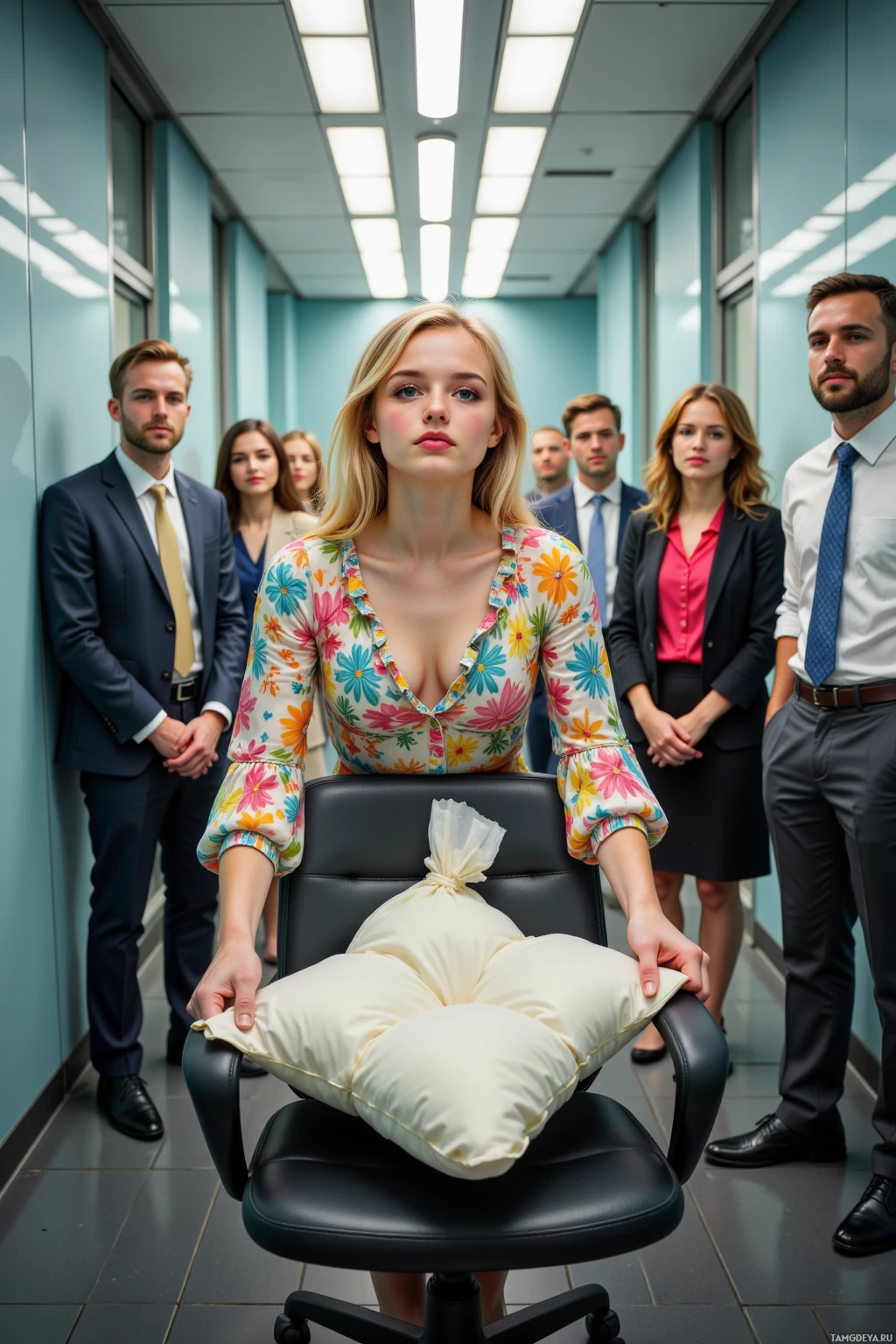 A woman in a floral top sits on a chair with a pillow, surrounded by people in business attire in an office hallway.
