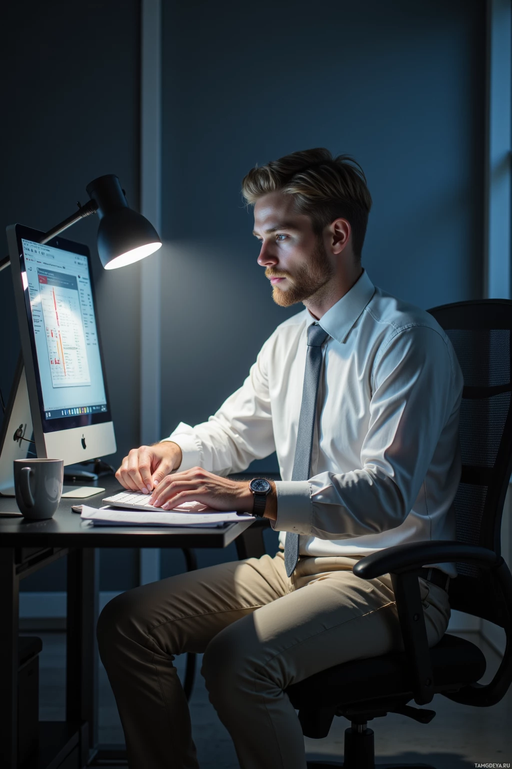A man in a white shirt and tie works at a desk with a computer and lamp in a dimly lit room.