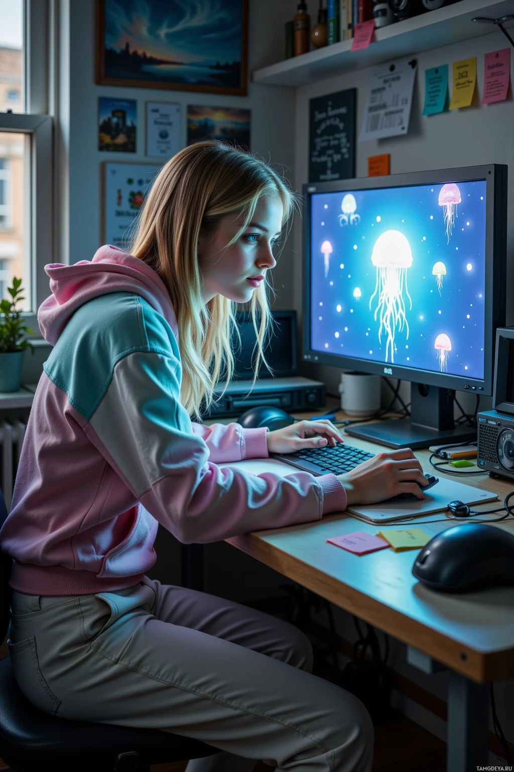 A person in a hoodie works at a desk with a computer displaying jellyfish graphics.
