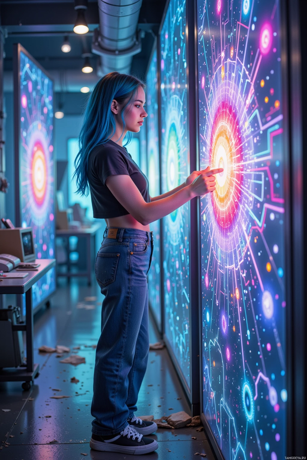 A person interacts with a colorful, futuristic display in a modern, tech-themed environment.