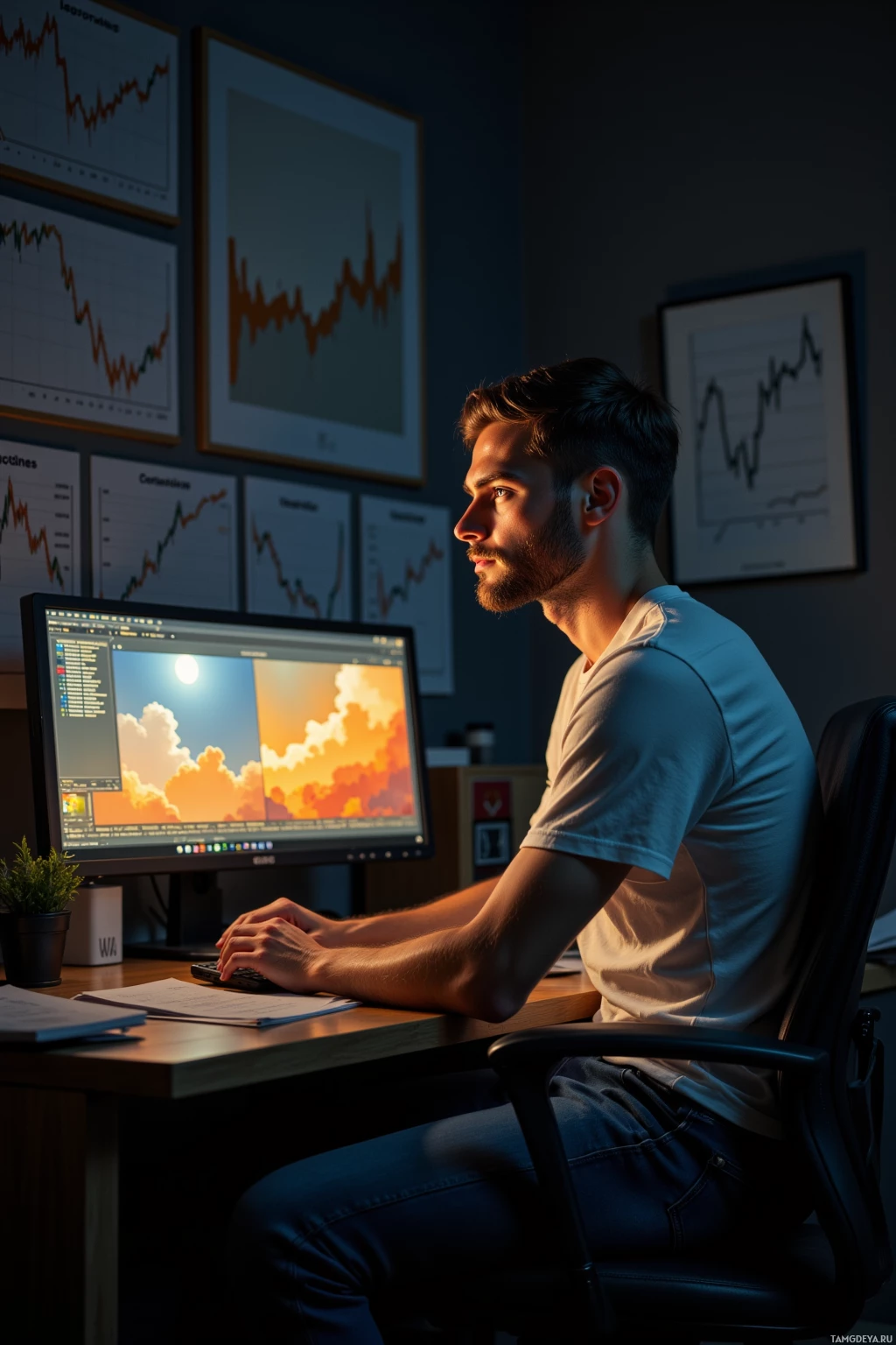 A man sits at a desk in a dimly lit room, working on a computer with multiple framed graphs on the wall.