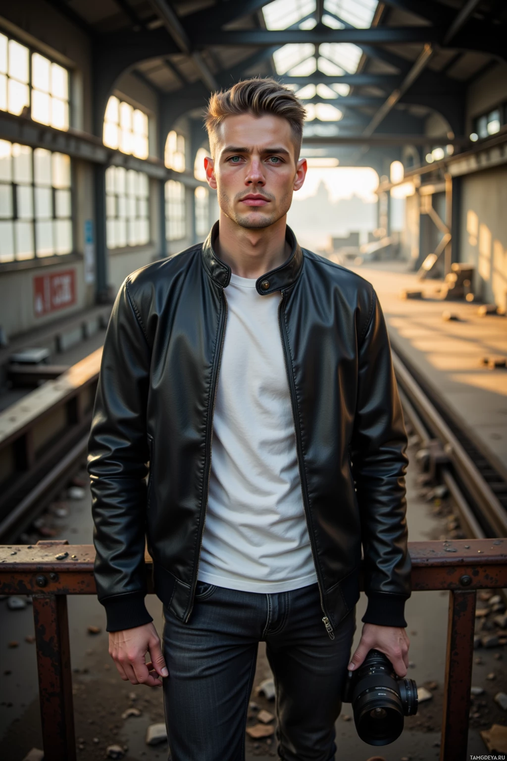 A man stands in a train station, wearing a black leather jacket and holding a camera.