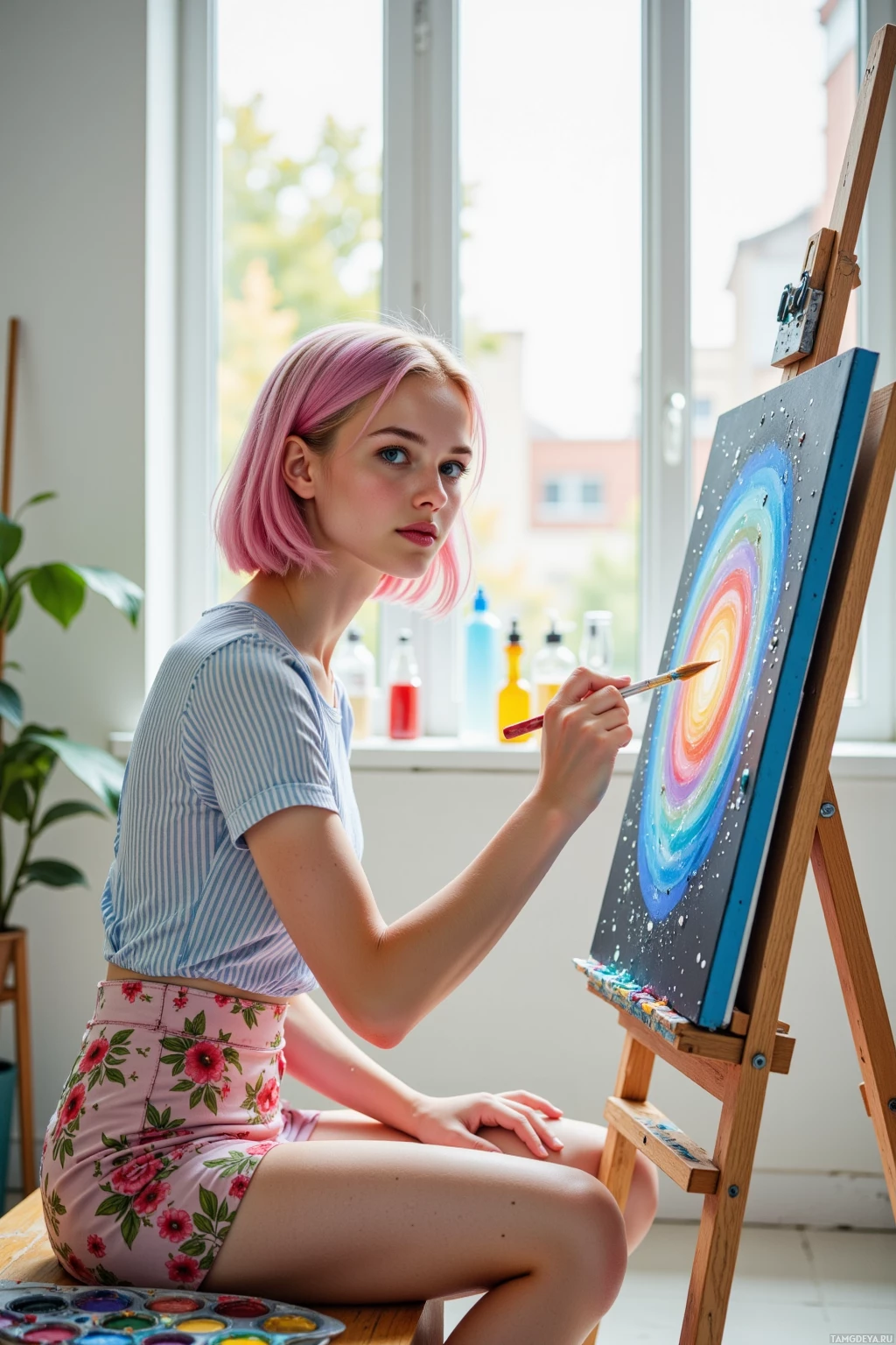 A person with pink hair is painting a colorful spiral on a canvas in a bright, airy room.