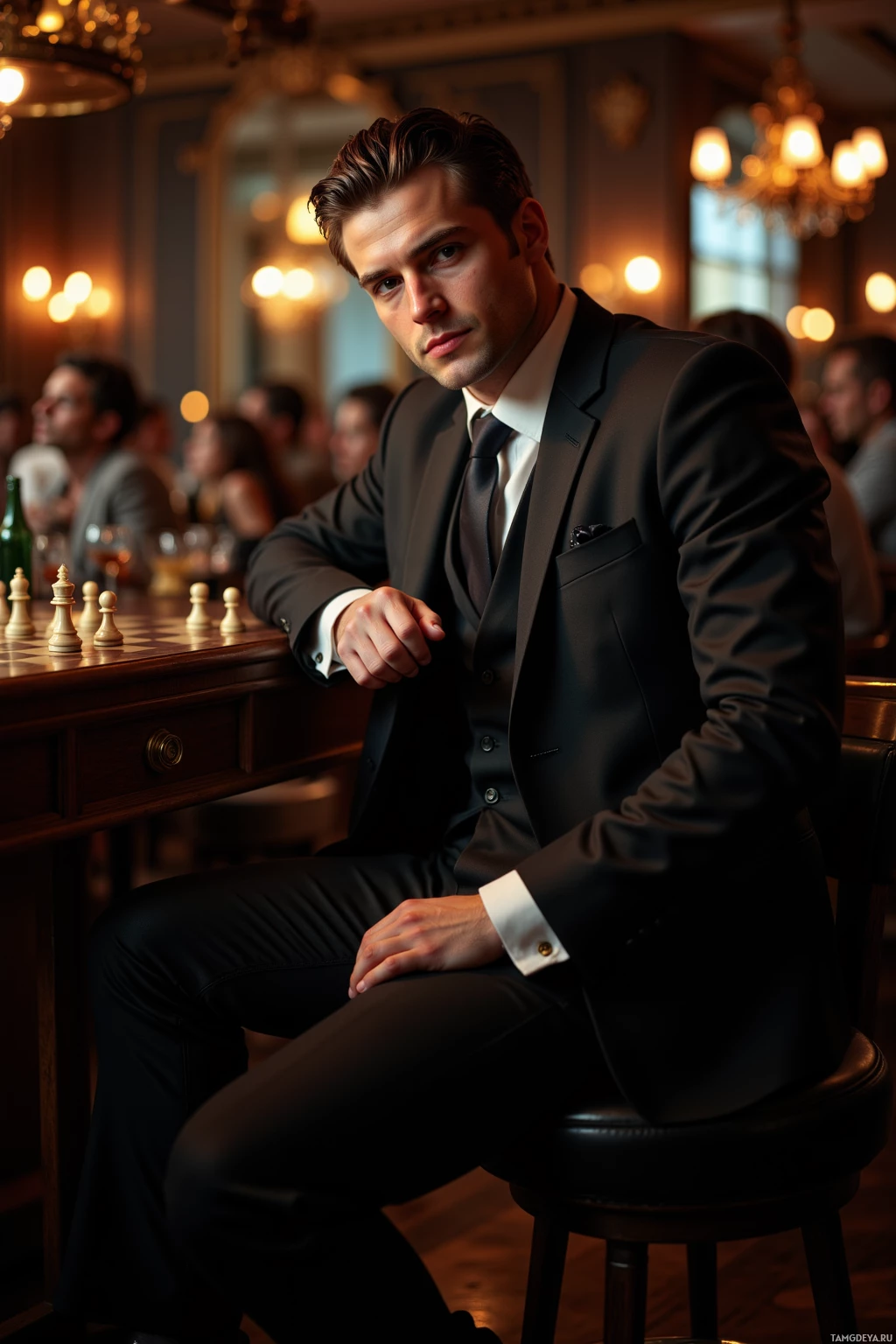 A man in a formal suit sits at a bar, leaning on a counter with a chessboard in the background.