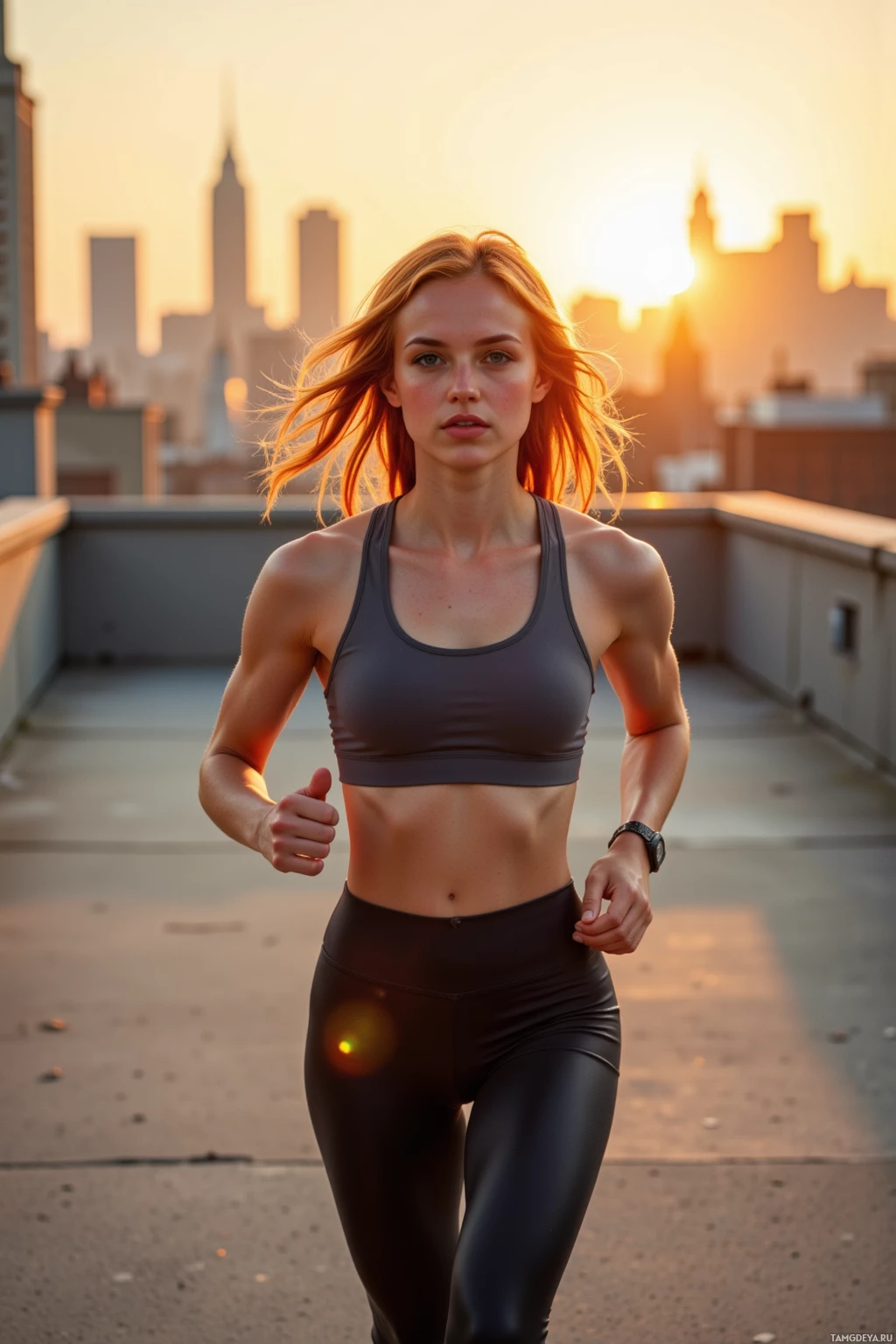 A woman in athletic attire runs on a rooftop with a city skyline in the background.