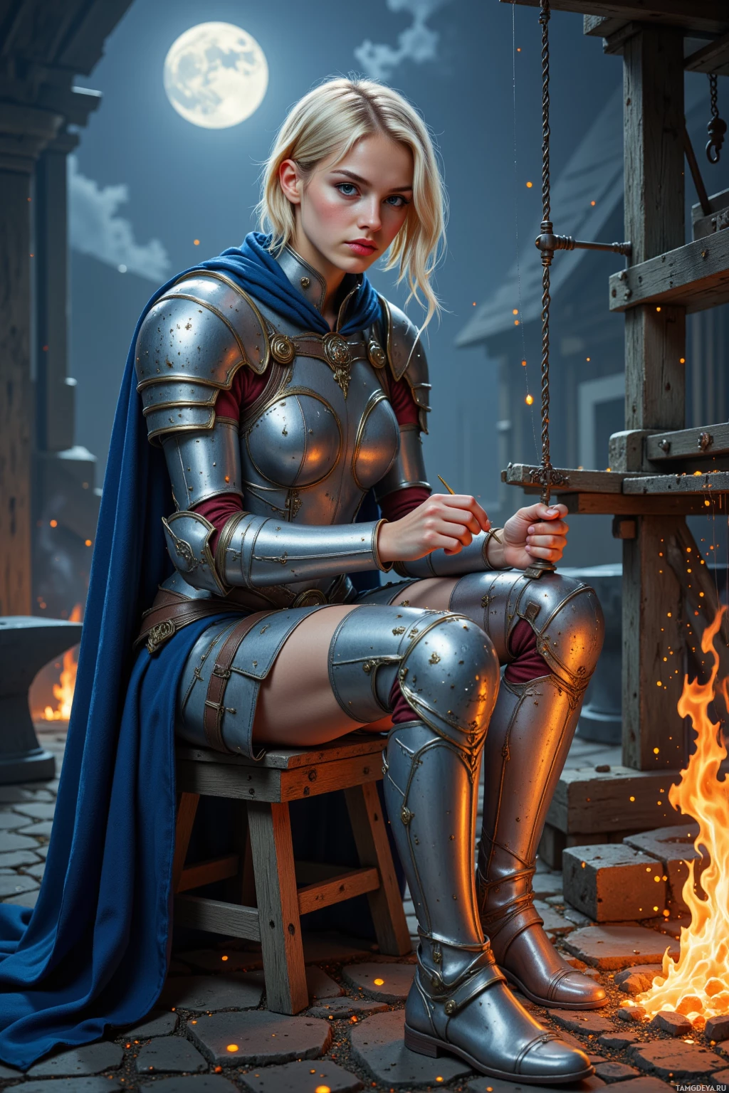A woman in medieval armor sits on a stool by a fire, with a blue cloak draped over her shoulders.