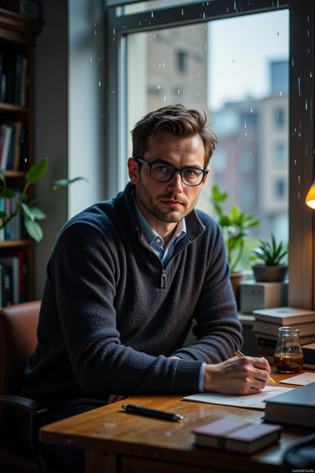 A man wearing glasses sits at a desk, writing on a piece of paper.