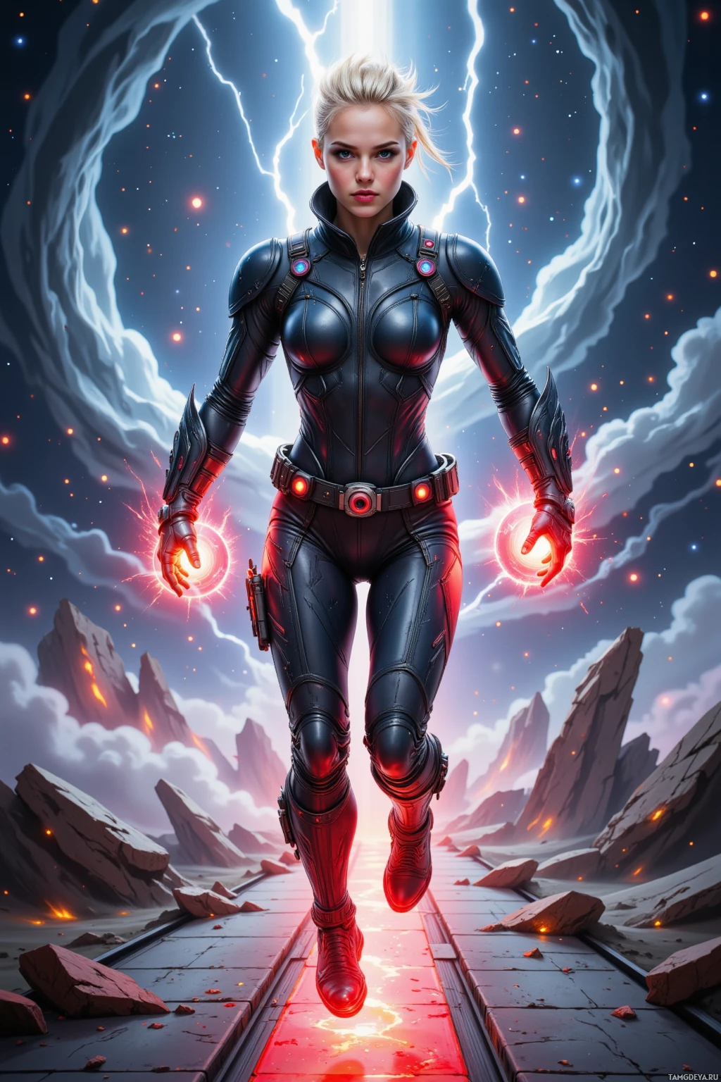 A futuristic female character in a sleek, armored suit stands on a glowing path, surrounded by a dramatic sky with lightning and stars.
