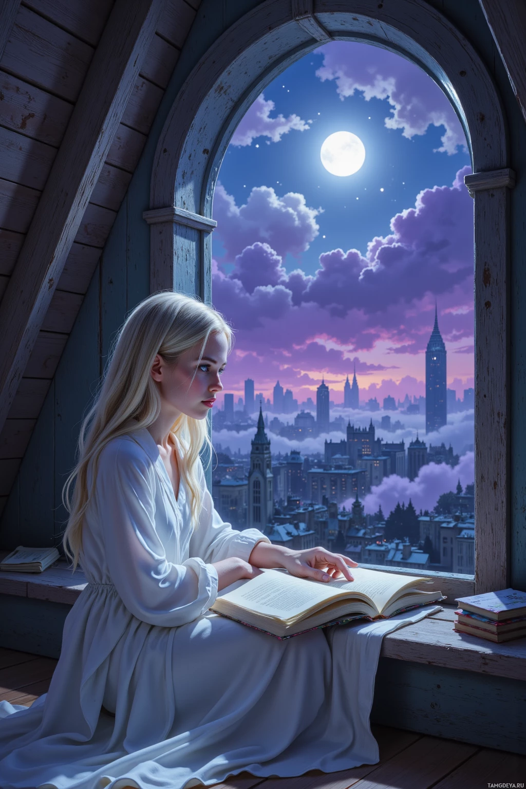 A woman in a white dress reads a book by a window overlooking a cityscape under a full moon.