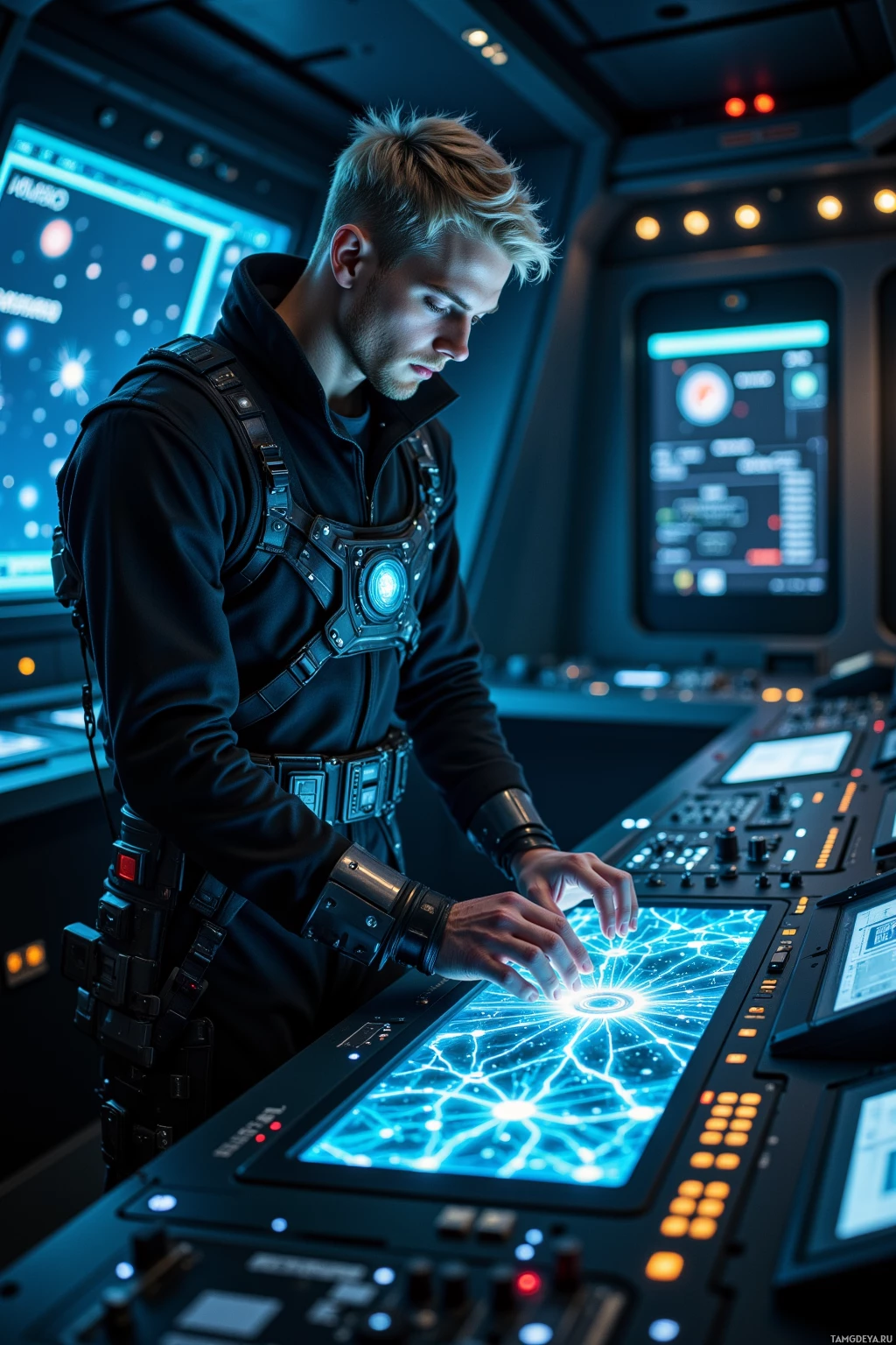A person in a futuristic outfit is operating a high-tech control panel with glowing displays and intricate designs.