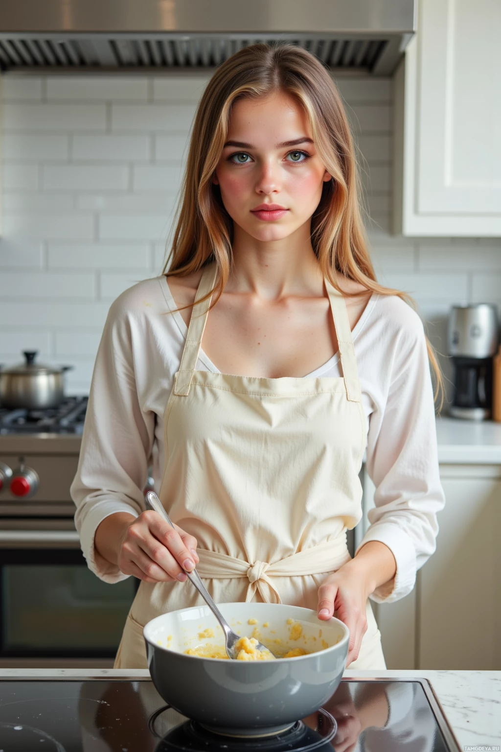 A person wearing an apron stands in a kitchen, holding a spoon and a bowl.