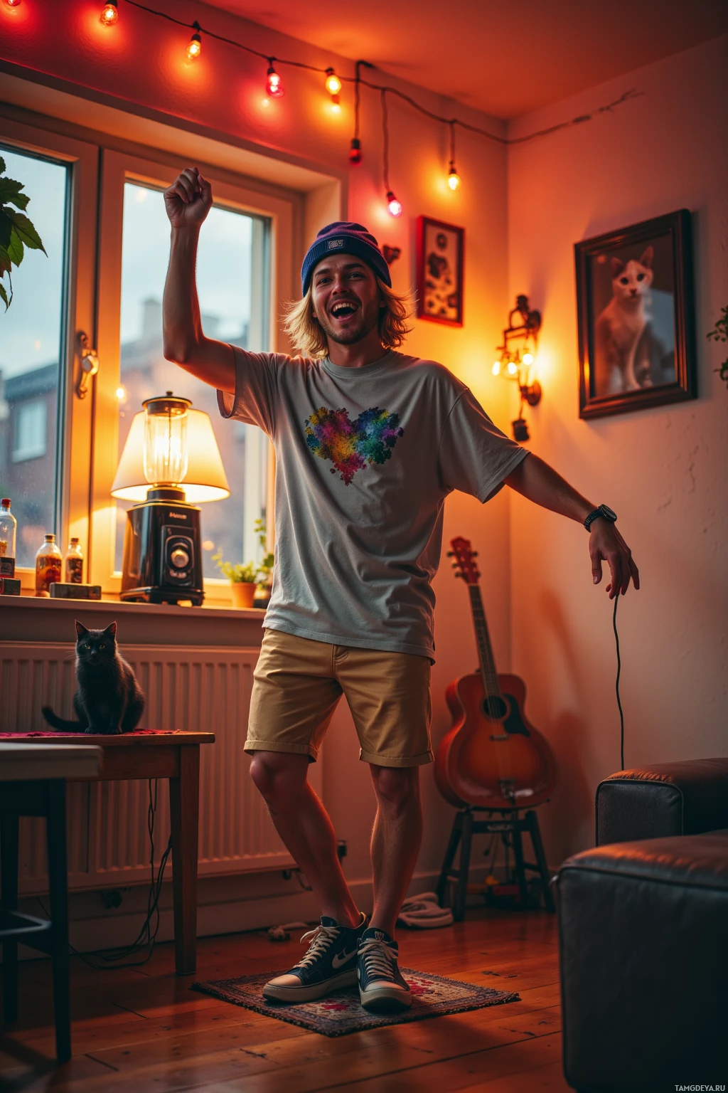 A person stands in a cozy room with string lights, a guitar, and a cat, raising one arm in a celebratory gesture.