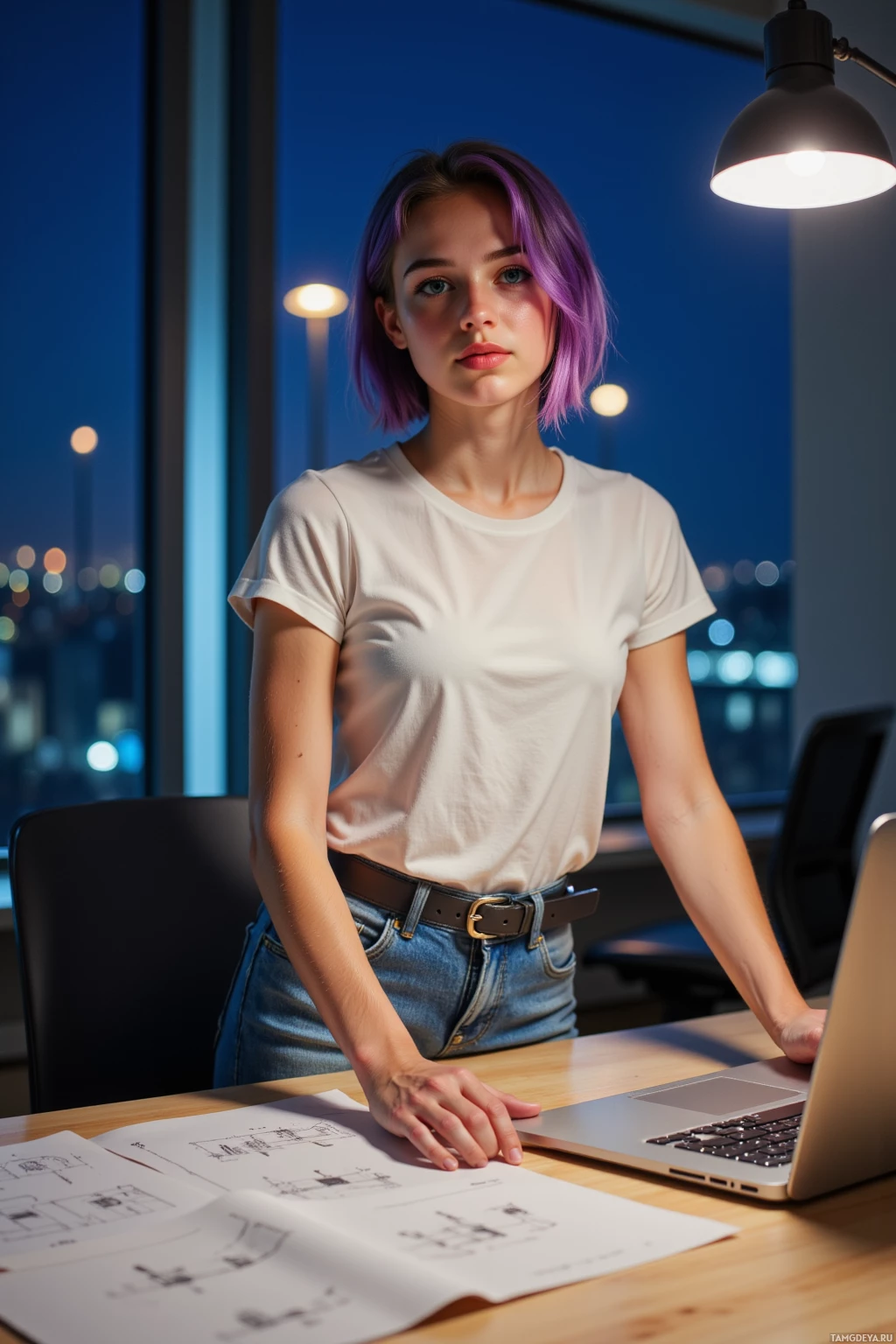 A person with purple hair stands at a desk with a laptop and architectural drawings, in a dimly lit room with a cityscape view.