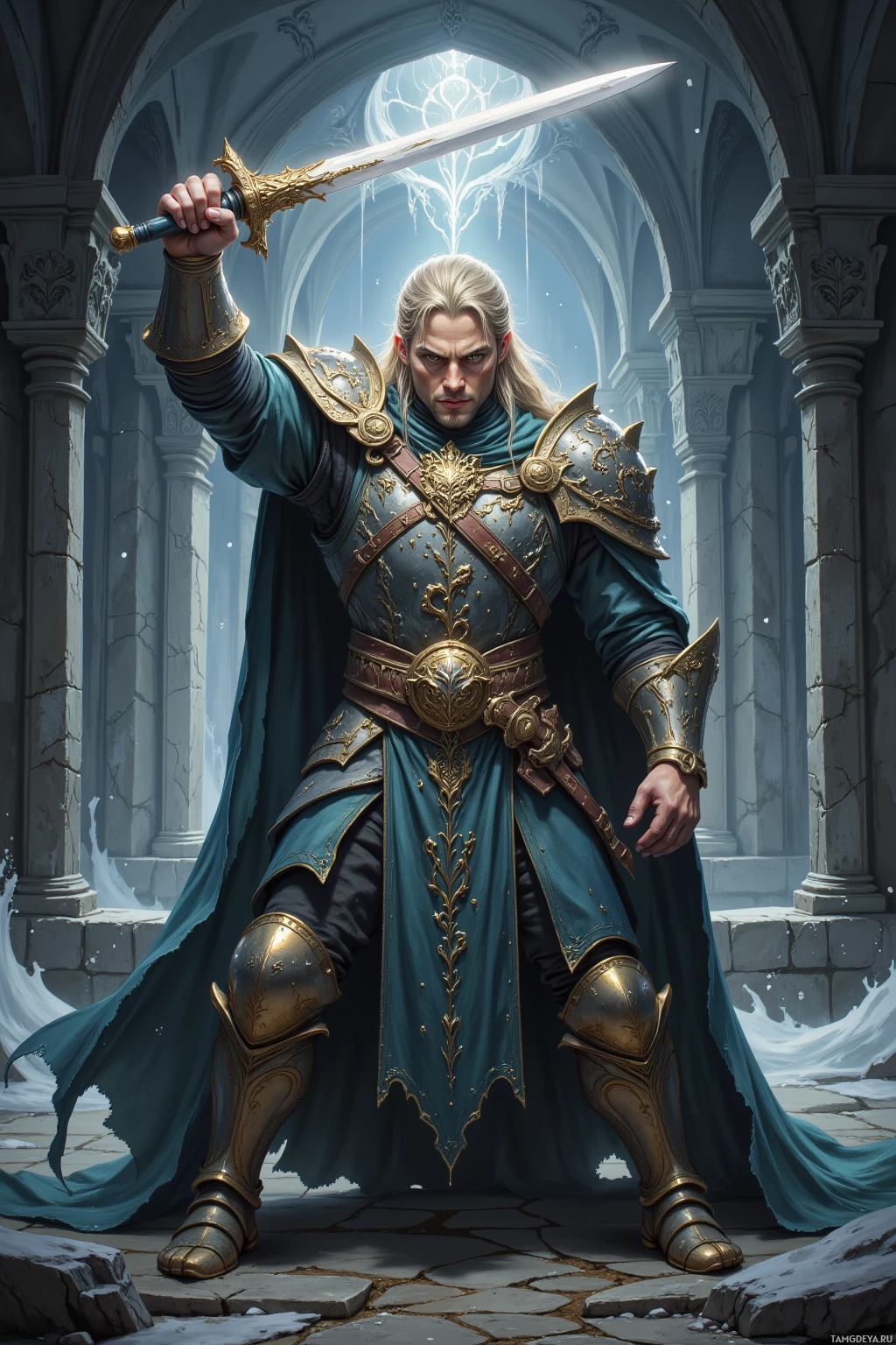 A knight in ornate armor stands in a grand, arched hallway, holding a sword aloft.