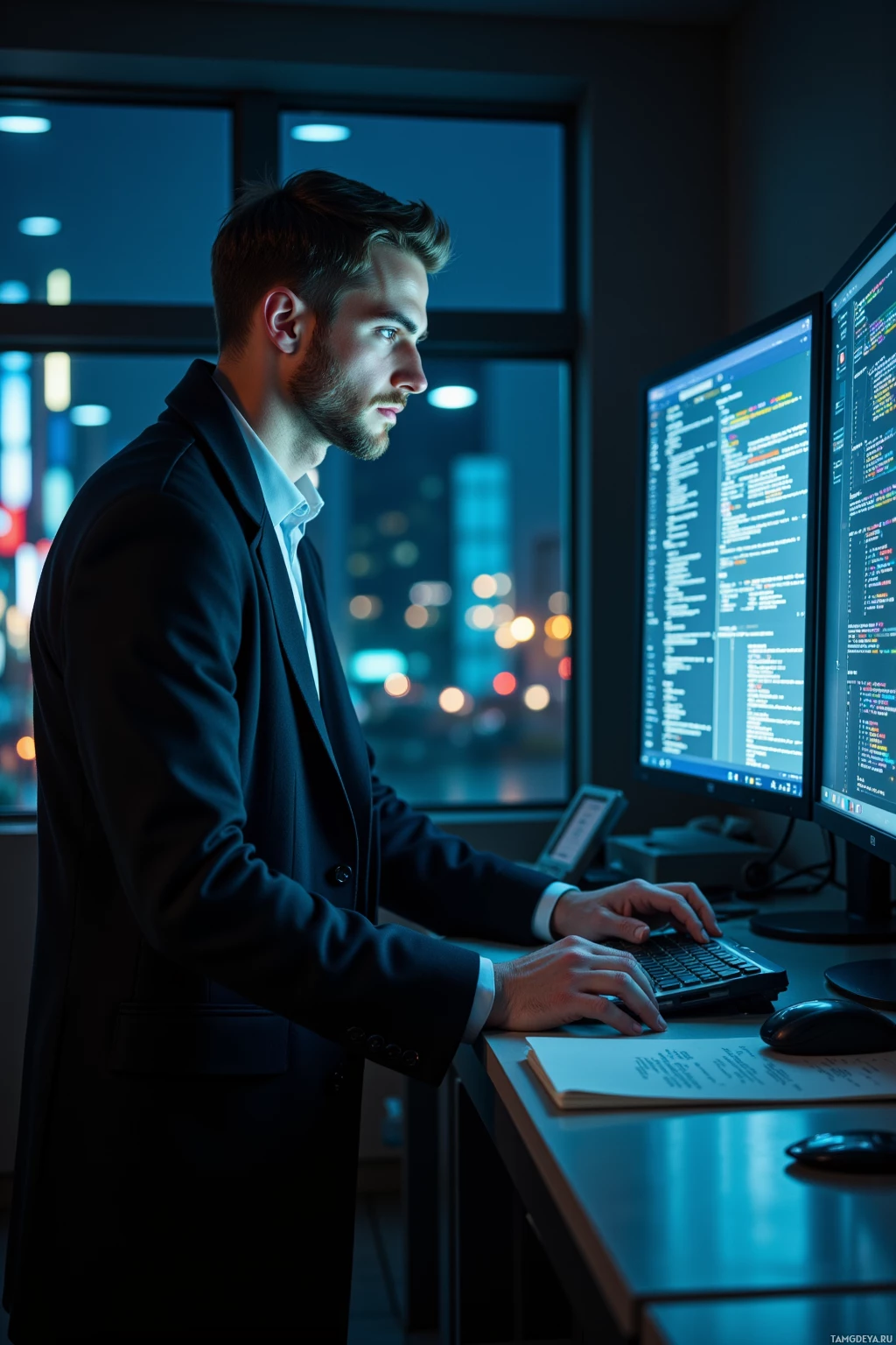 A man in a suit stands at a desk, working on a computer in a dimly lit office with city lights visible through the window.