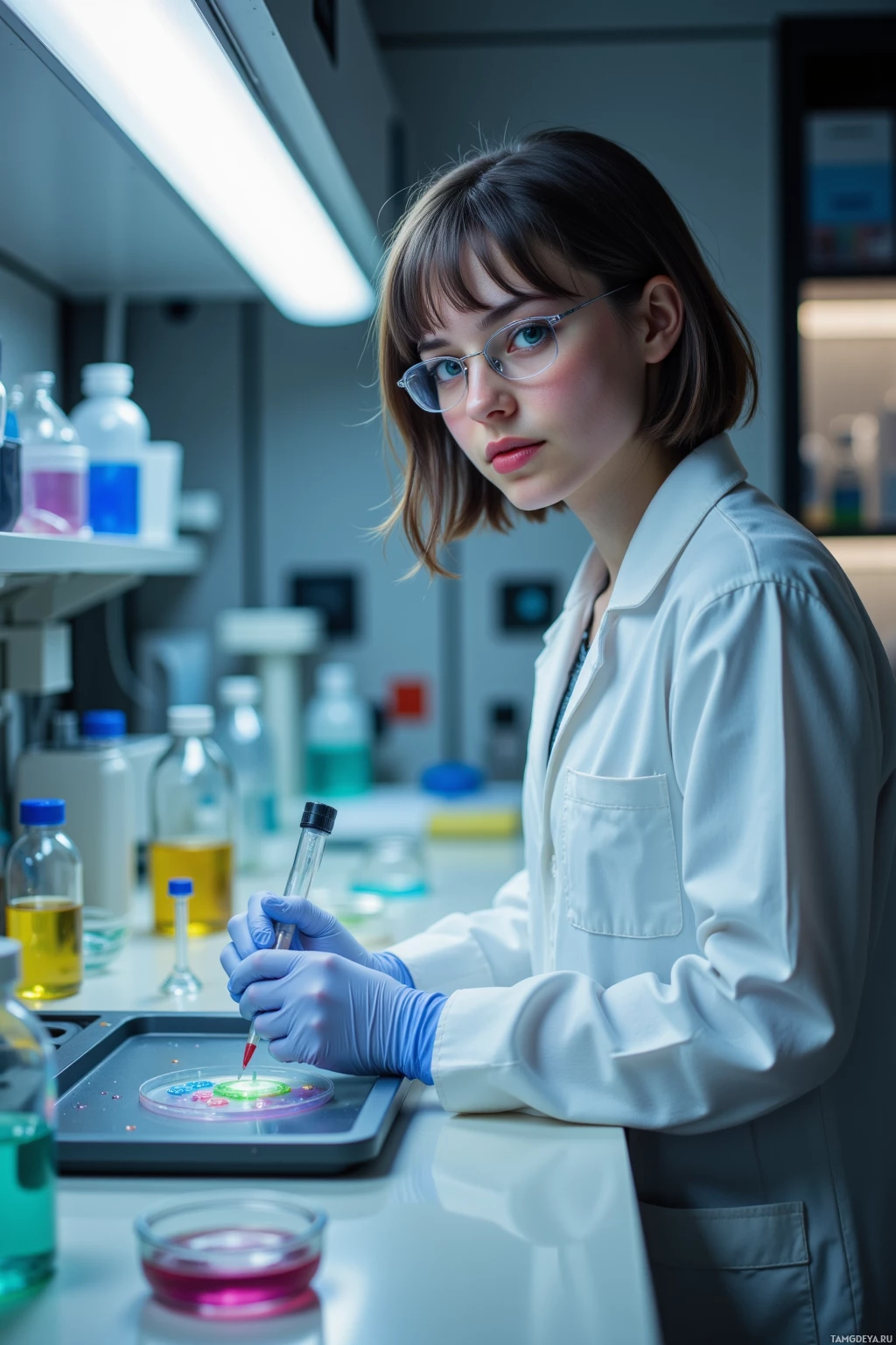A scientist in a lab coat and gloves works with a pipette in a laboratory setting.