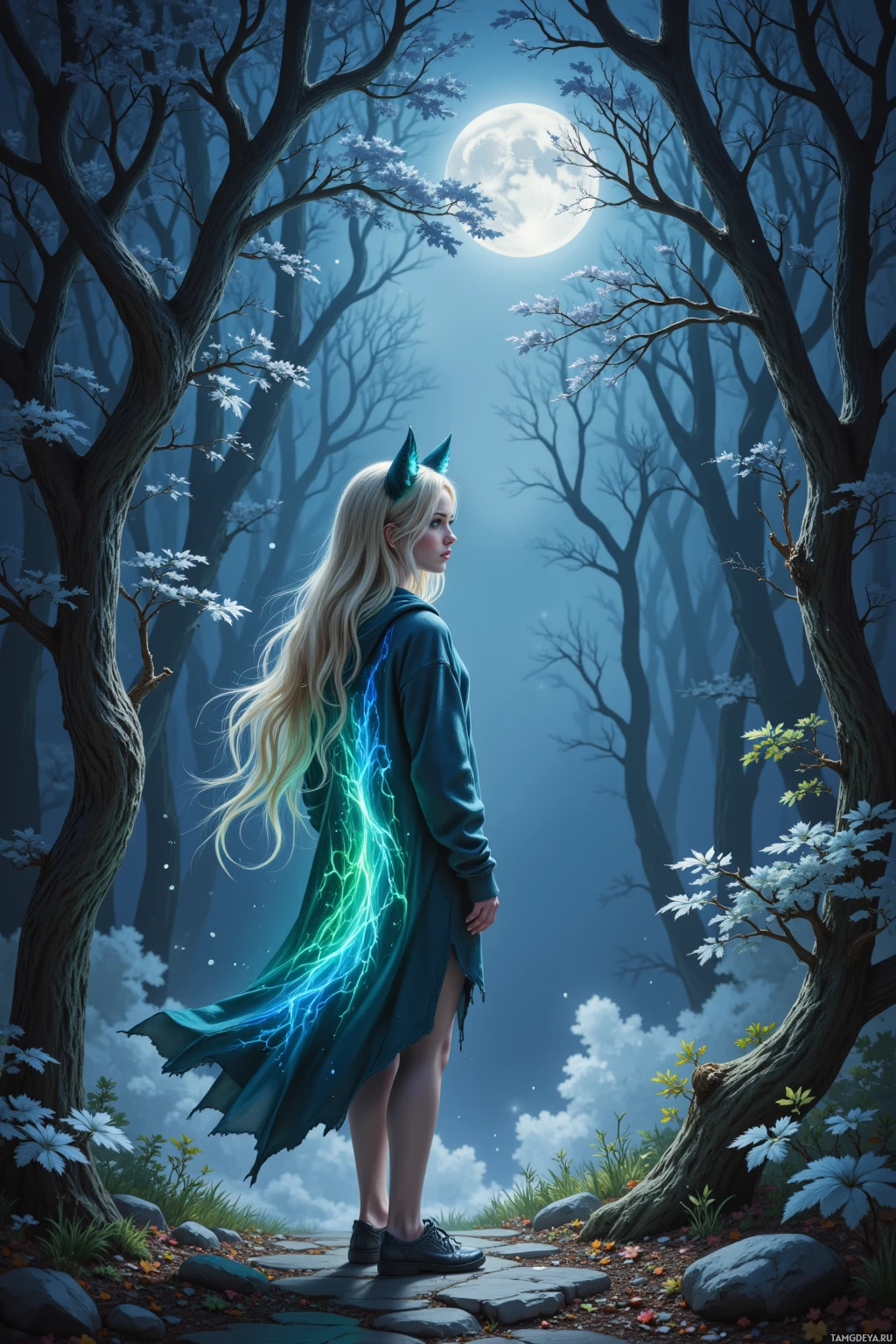 A woman with glowing blue hair and a cape stands in a moonlit forest.