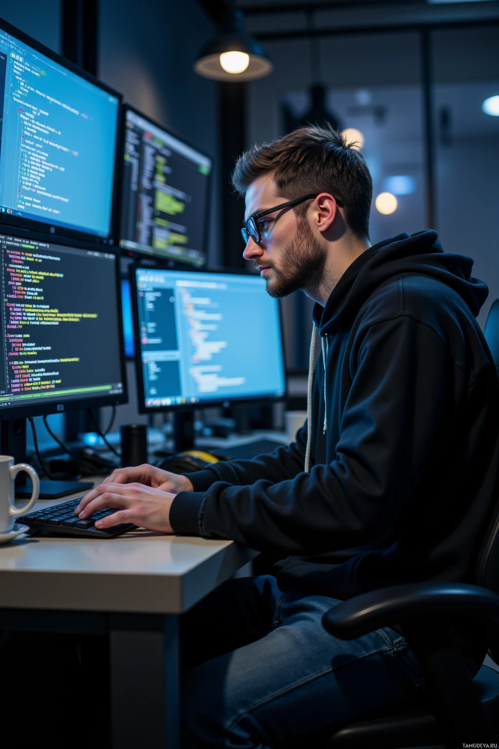 A person wearing glasses and a hoodie is working at a desk with multiple computer monitors displaying code.