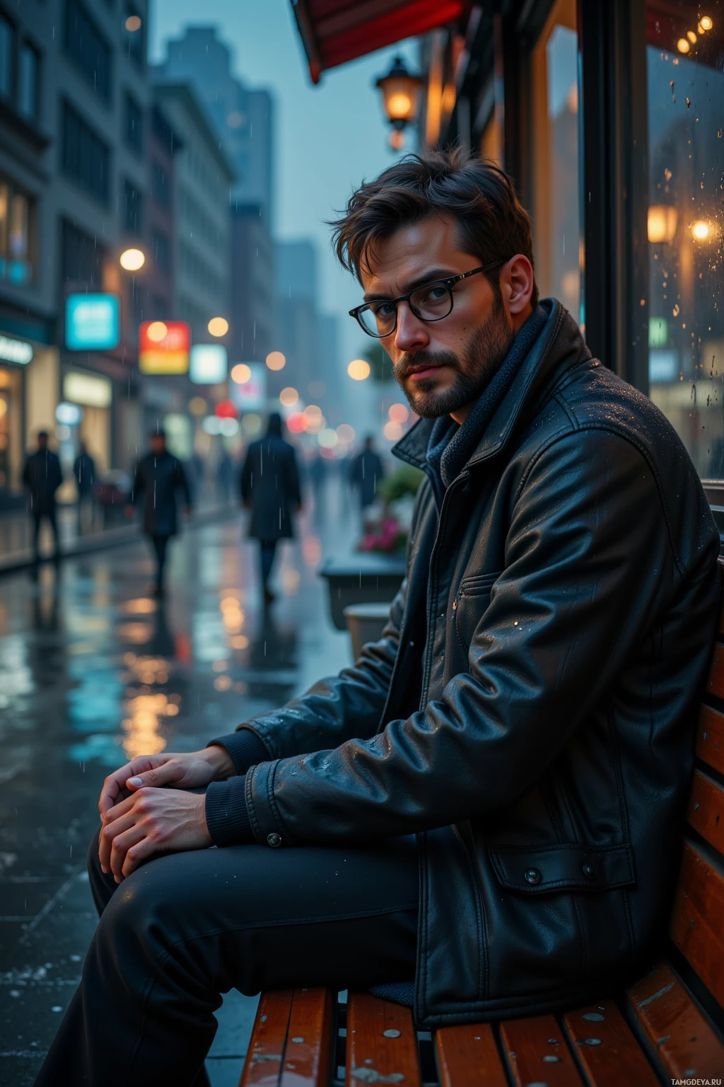 A man in a leather jacket sits on a bench in a rainy urban street.
