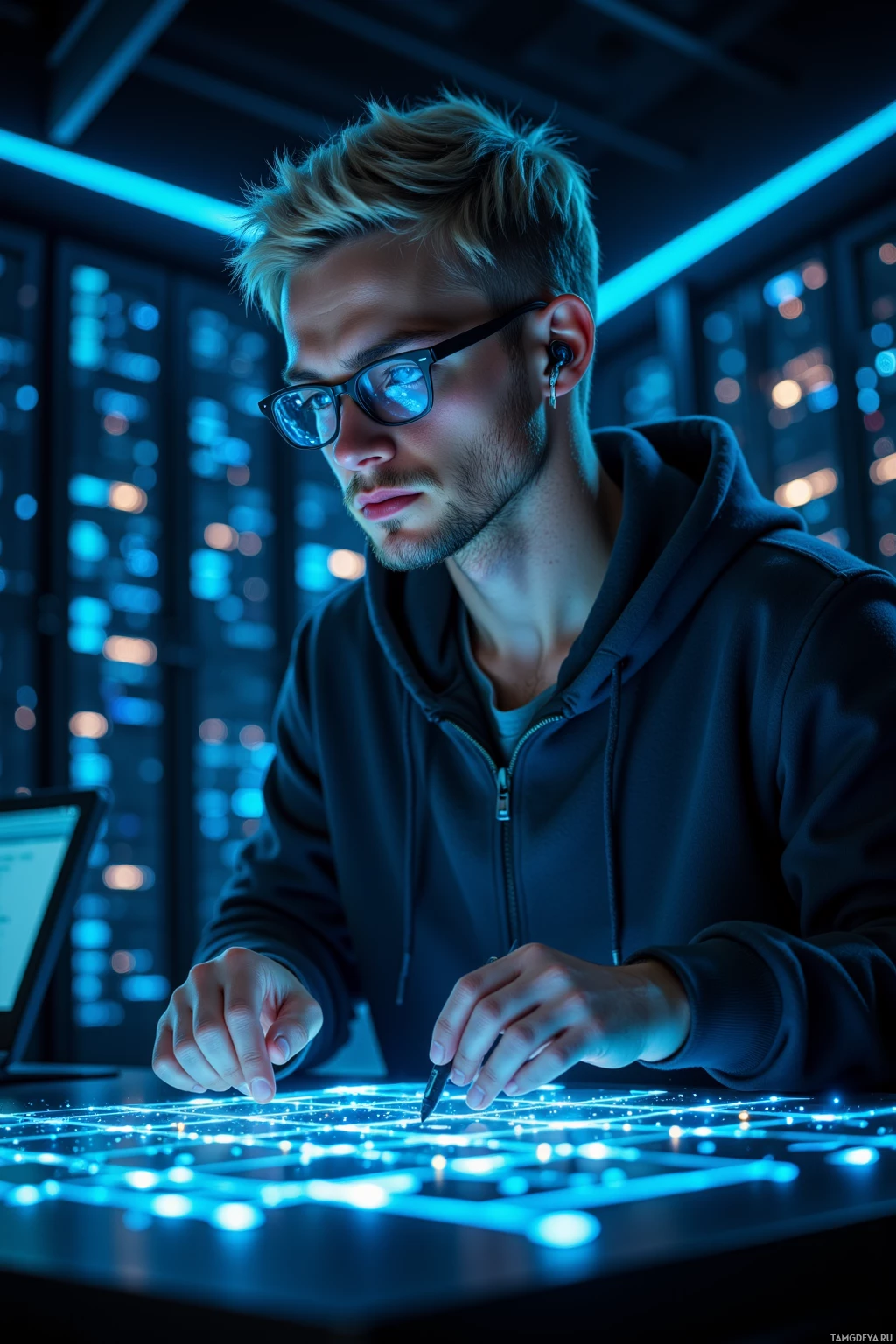 A person wearing glasses and a hoodie interacts with a glowing, futuristic interface.