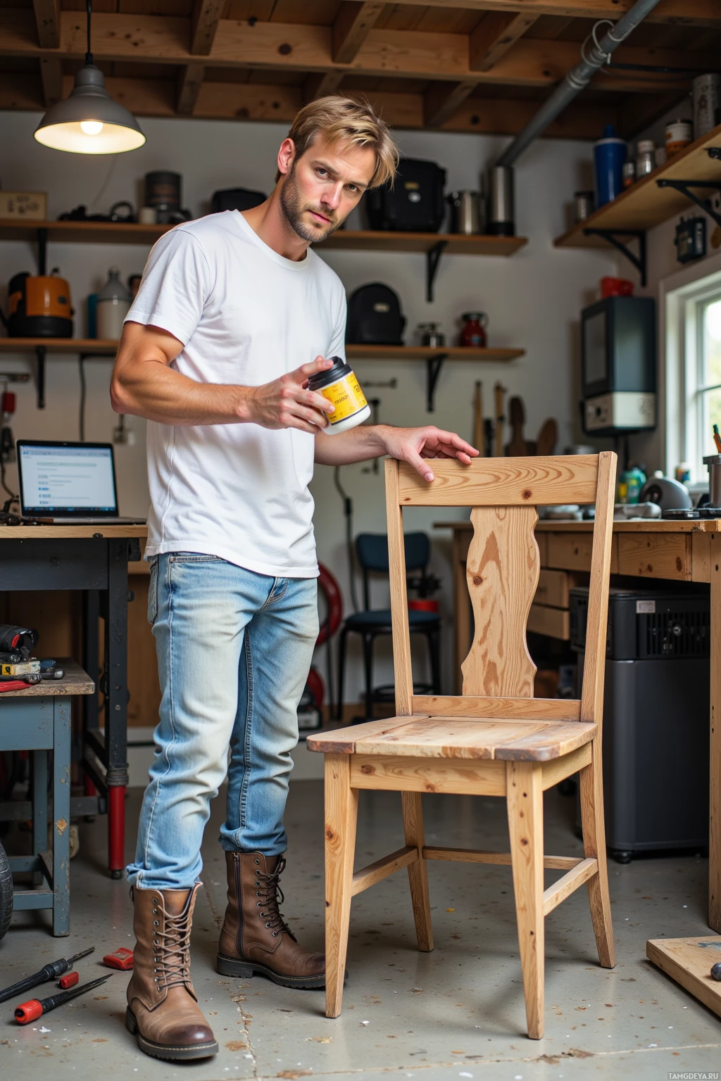 A man in a workshop holding a container of wood stain while standing next to a wooden chair.