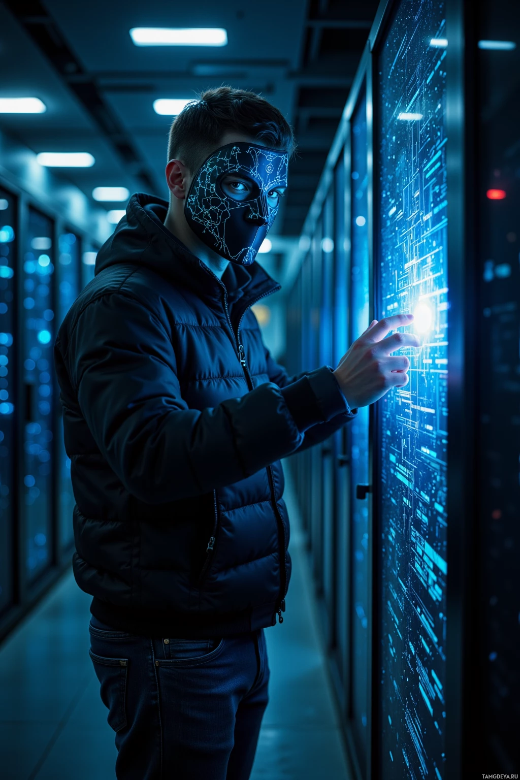 A person in a dark jacket and mask stands in a dimly lit corridor, interacting with a glowing digital interface.