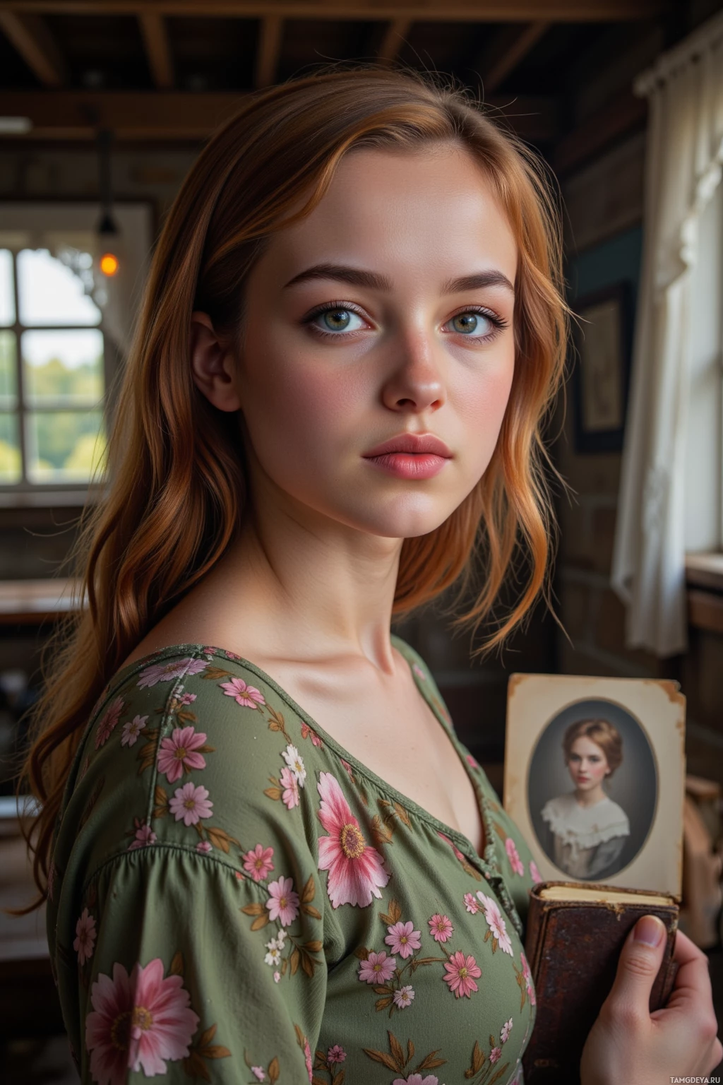 A woman with long, wavy hair wearing a floral dress holds an old book and a framed portrait.