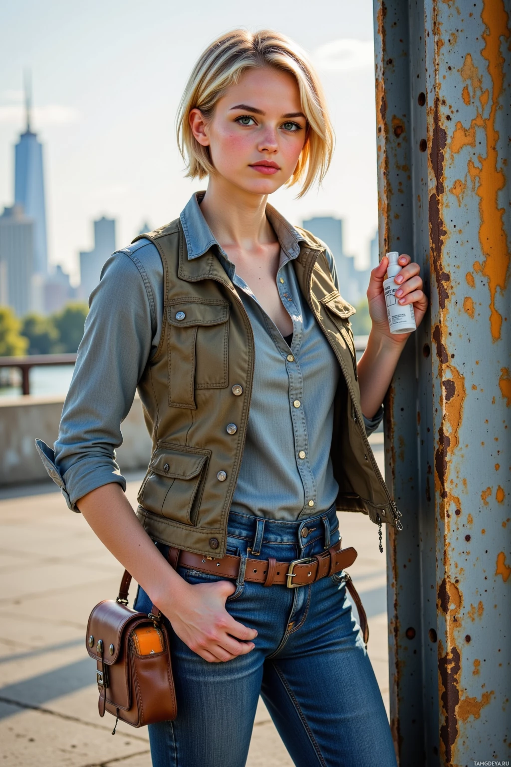A person stands outdoors, leaning against a rusted metal structure, wearing a green vest over a denim shirt and jeans, holding a small bottle in one hand.