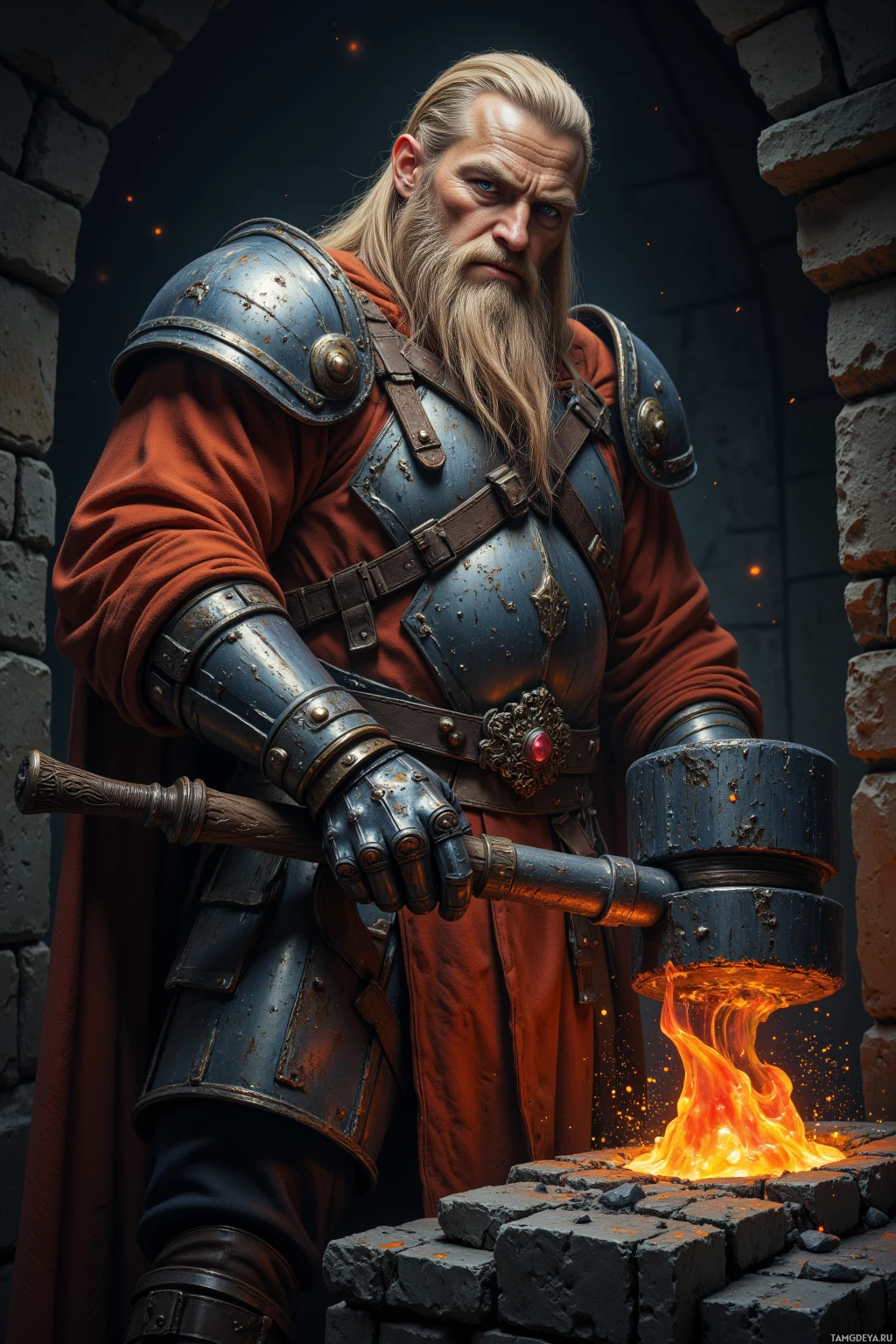 A medieval warrior in armor stands beside a forge, holding a hammer.