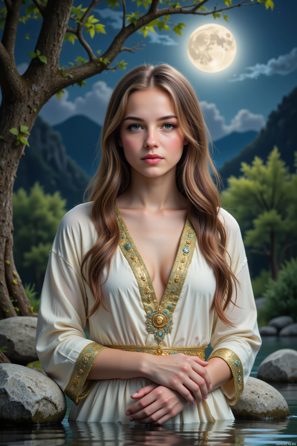 A woman in a white and gold dress stands by a river under a full moon.